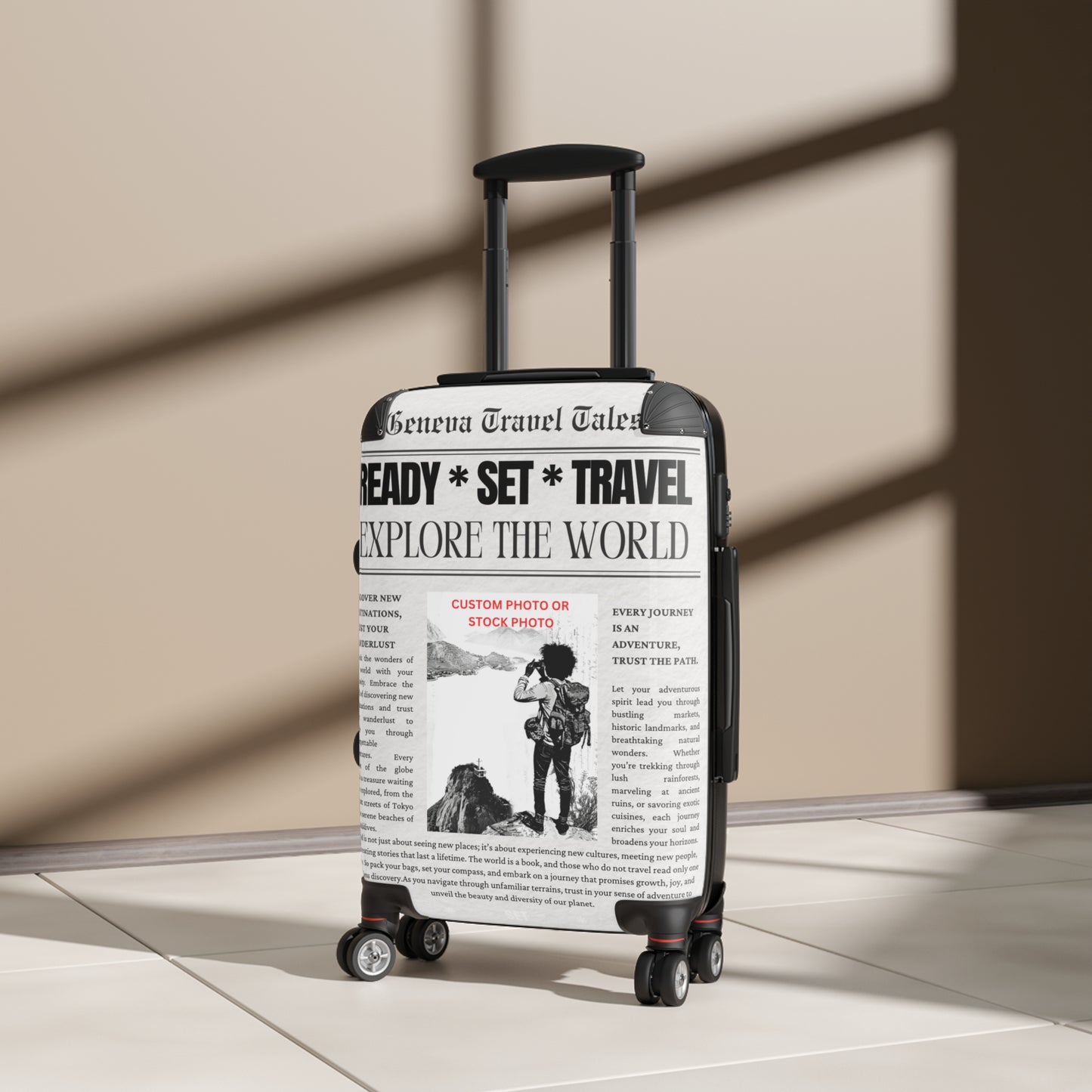 Custom Newspaper Style Suitcase, Black & White Travel Luggage, Unique Gift for Travel Enthusiasts, Personalized Travel Gear