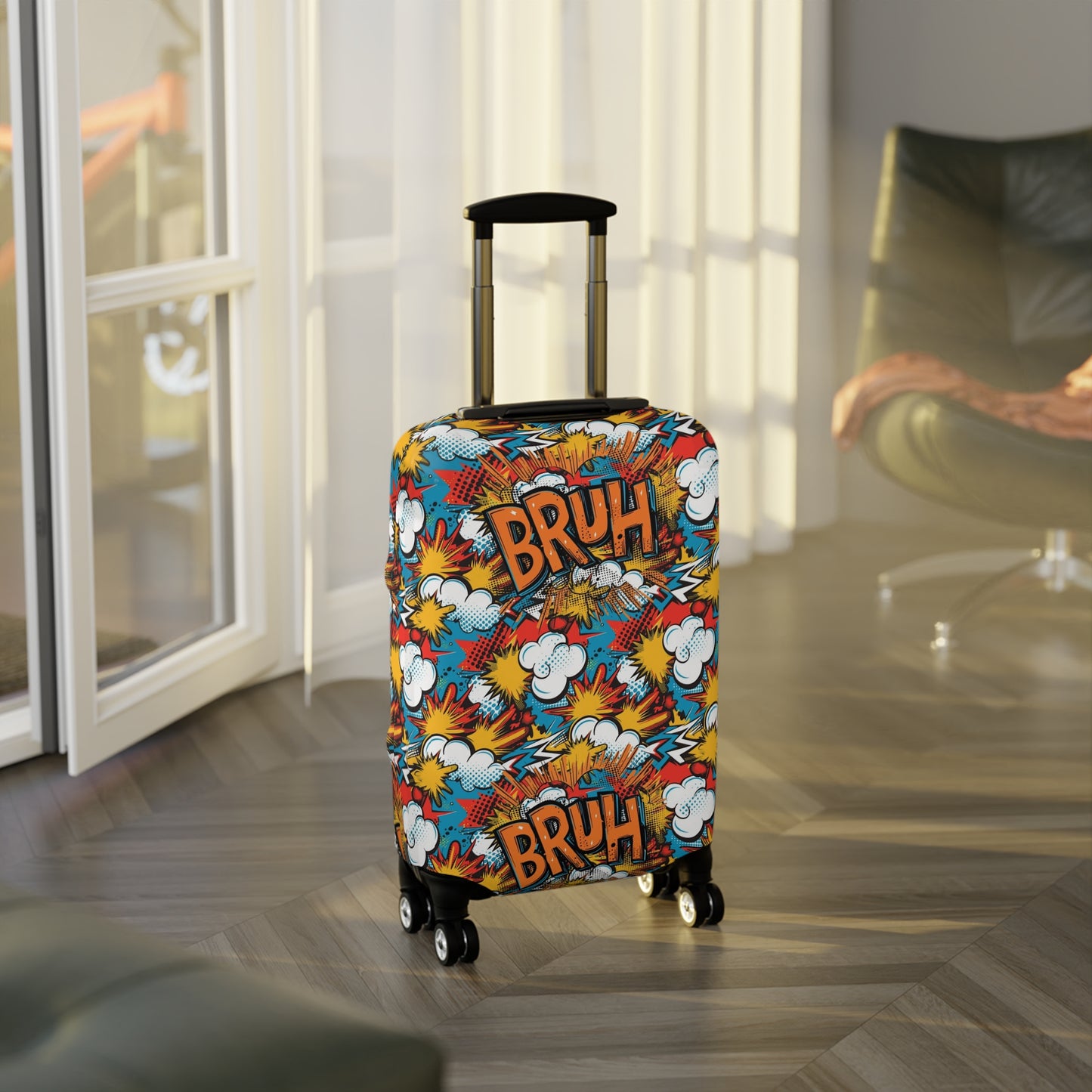 Comic Book Explosion "Bruh Moment" Luggage Cover, Pop Art Style Suitcase Protector