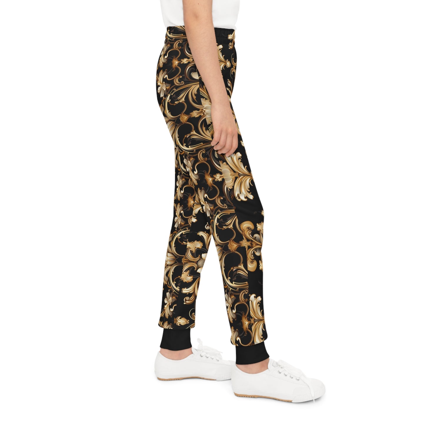 Baroque-Inspired Gold Print Kids Joggers, Urban Streetwear Style Bottom for Kids