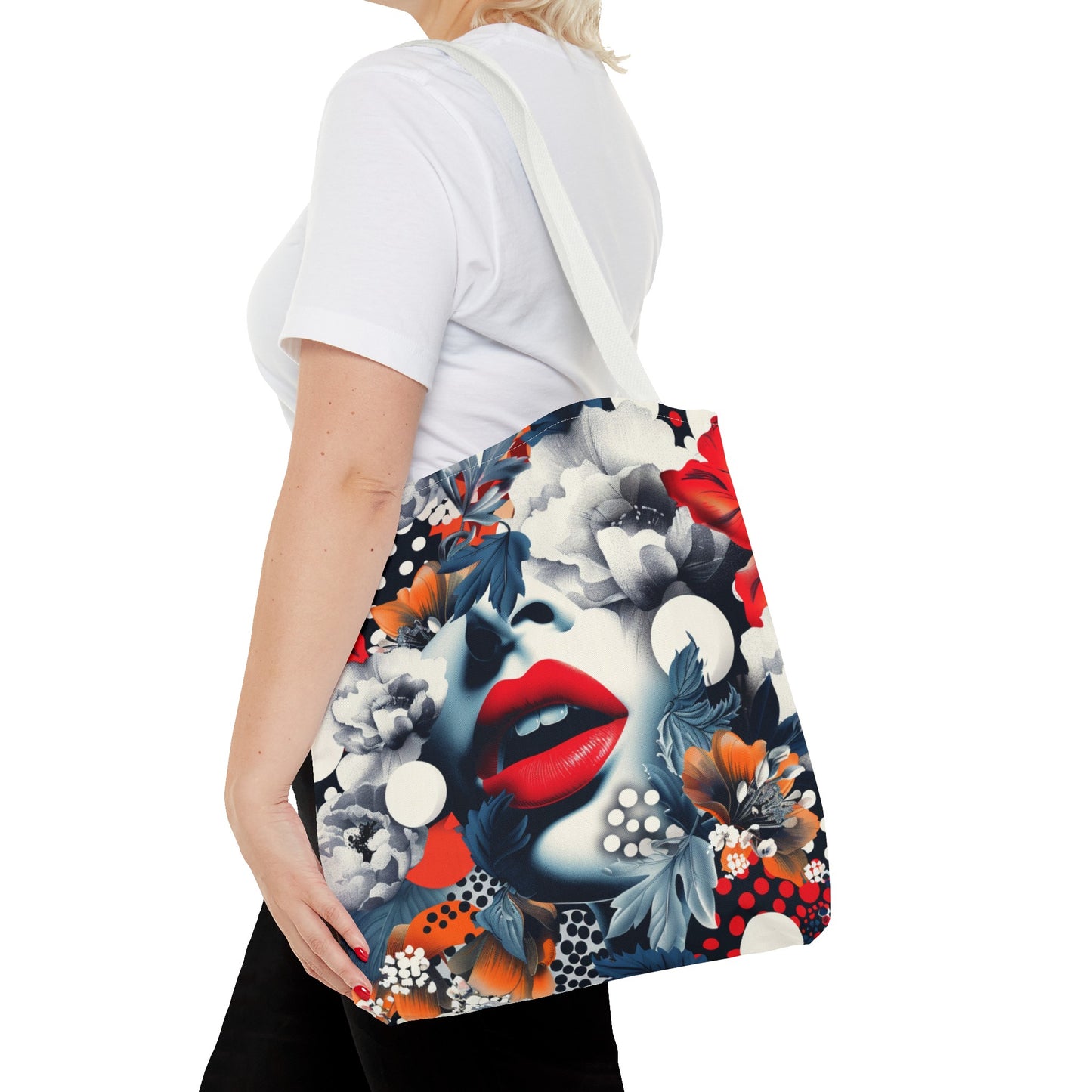 Artistic Floral High Fashion Tote Bag, Modern Polka Dot Carryall