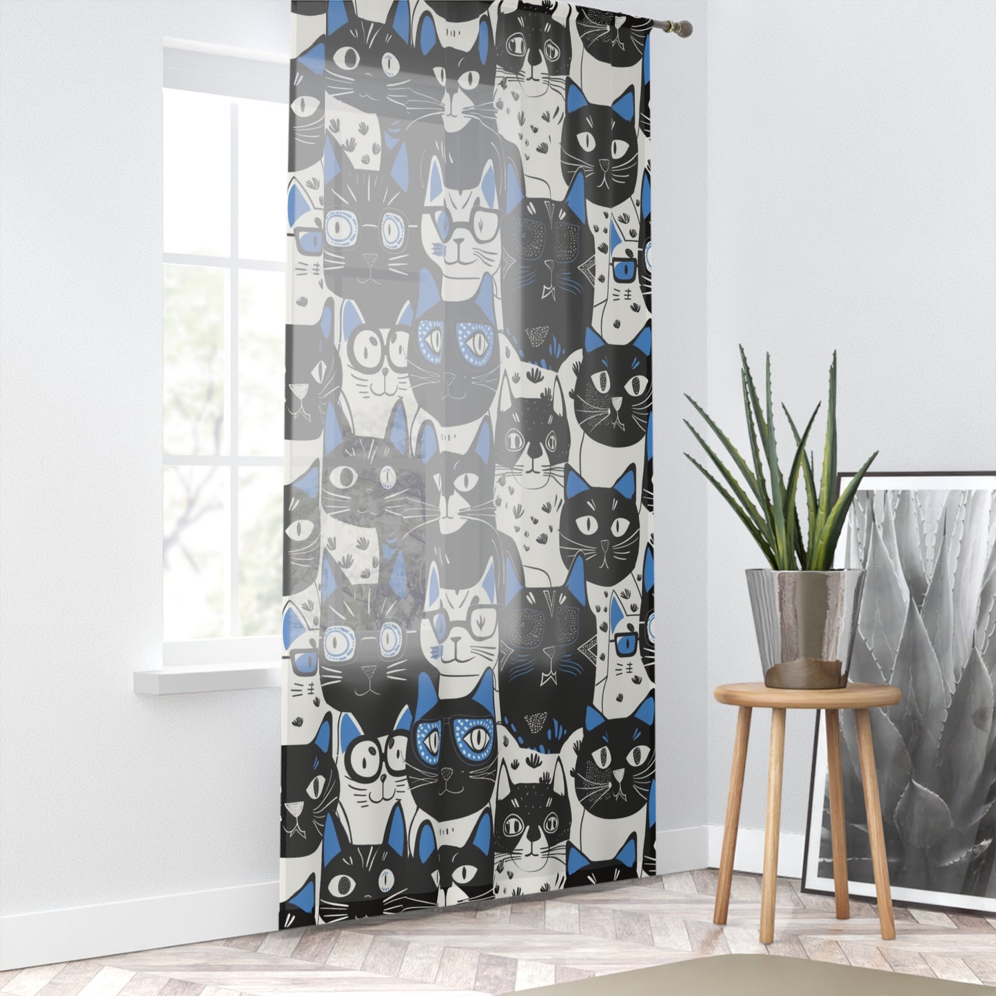 Blue Whimsical Cat Faces Window Curtain, 50" x 84" Animal Themed Matching Room Decor