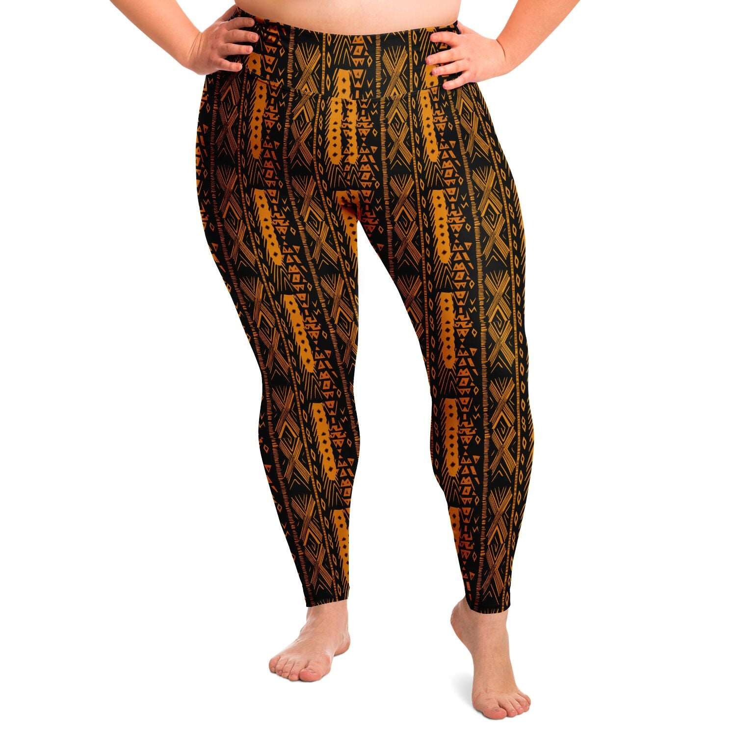 African Triable Print Plus Size 2XL - 6XL Leggings, Orange African Print Workout Gear