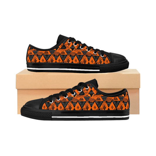 Men's Orange African Mud Cloth Print Low Top Sneakers, Orange & Black African Print Apparel