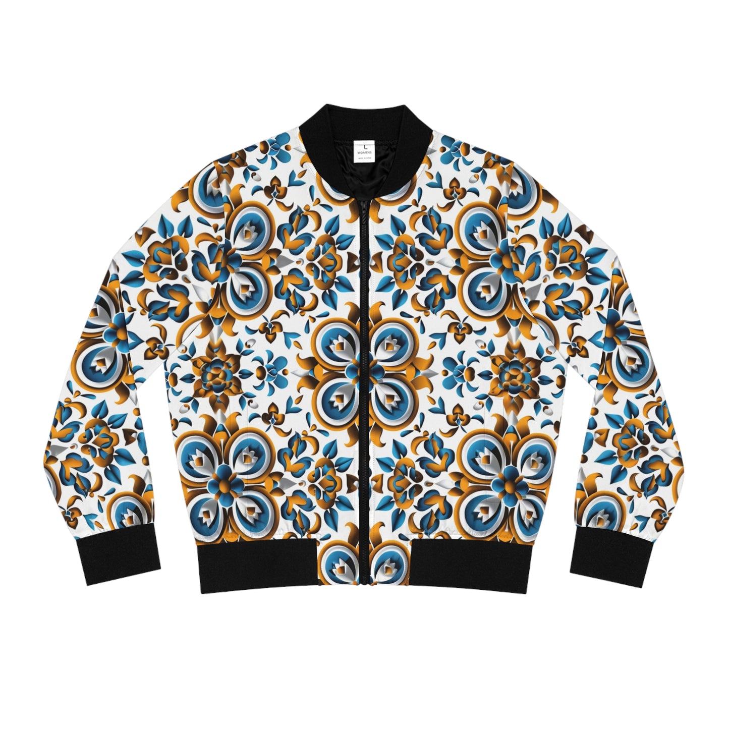 Women's African Print Bomber Jacket, Blue & Yellow Floral Pattern, Stylish Cultural Fashion