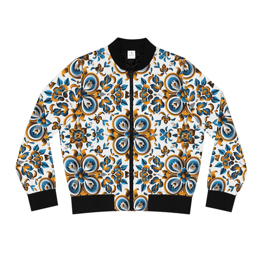 Women's African Print Bomber Jacket, Blue & Yellow Floral Pattern, Stylish Cultural Fashion