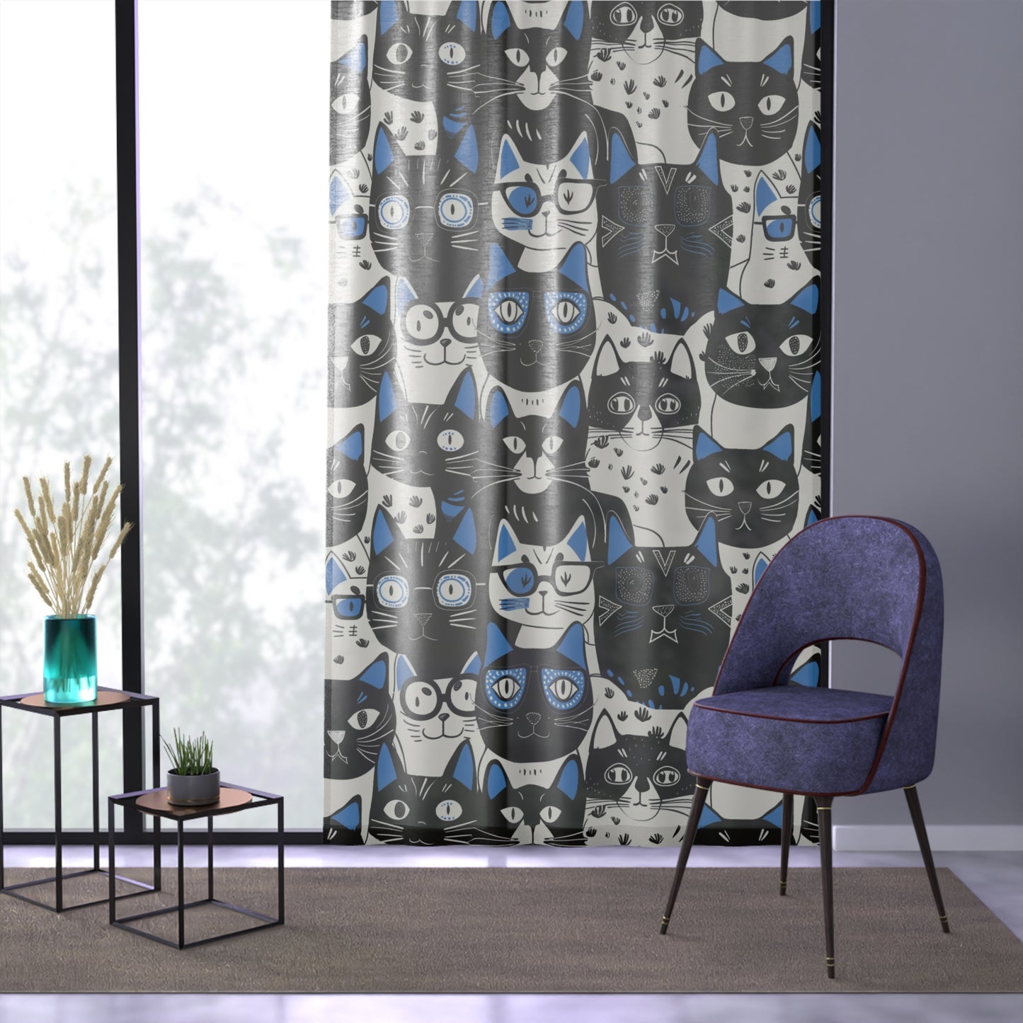 Blue Whimsical Cat Faces Window Curtain, 50" x 84" Animal Themed Matching Room Decor