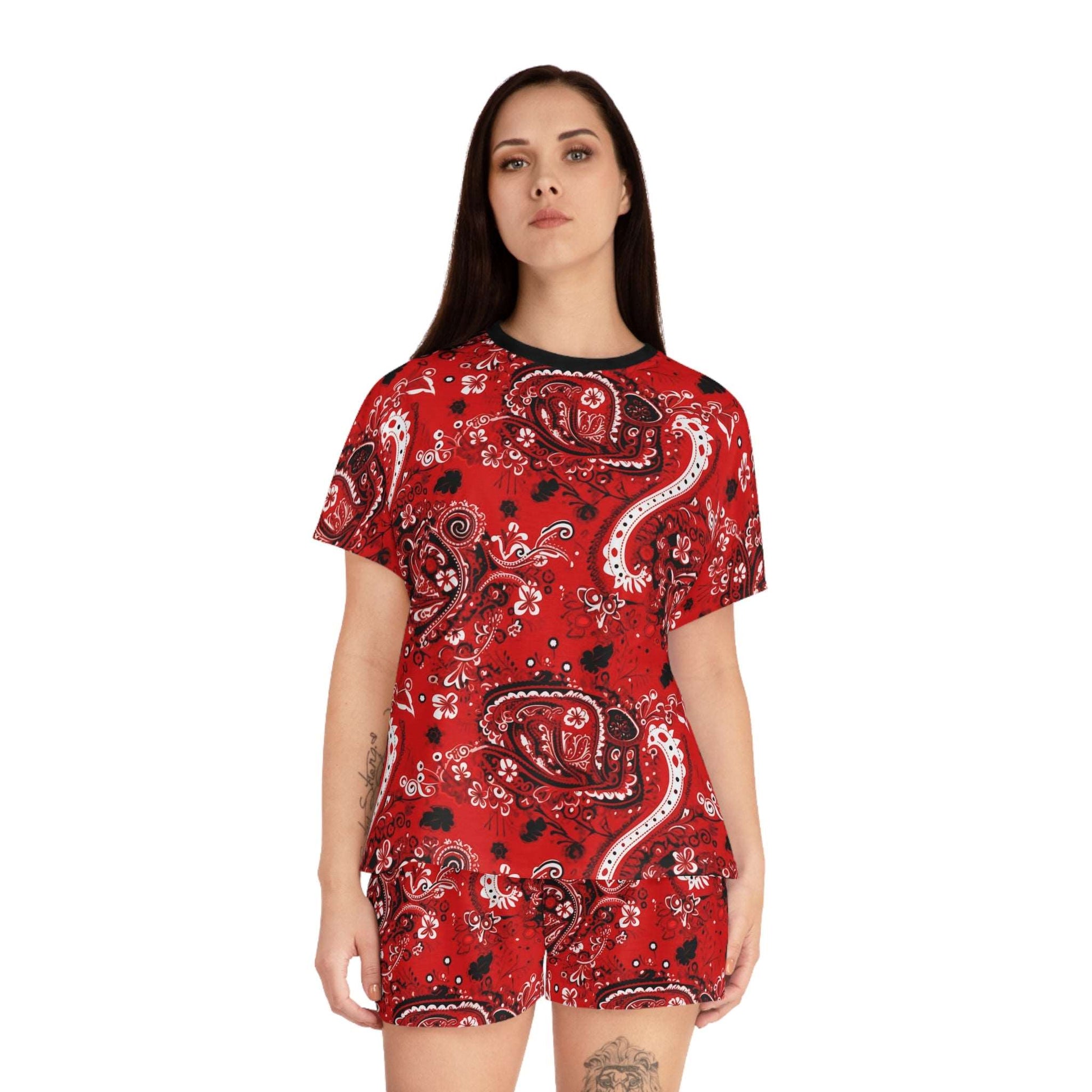 Biomorphic Red Bandana Print Women's Pajamas Two-Piece Set