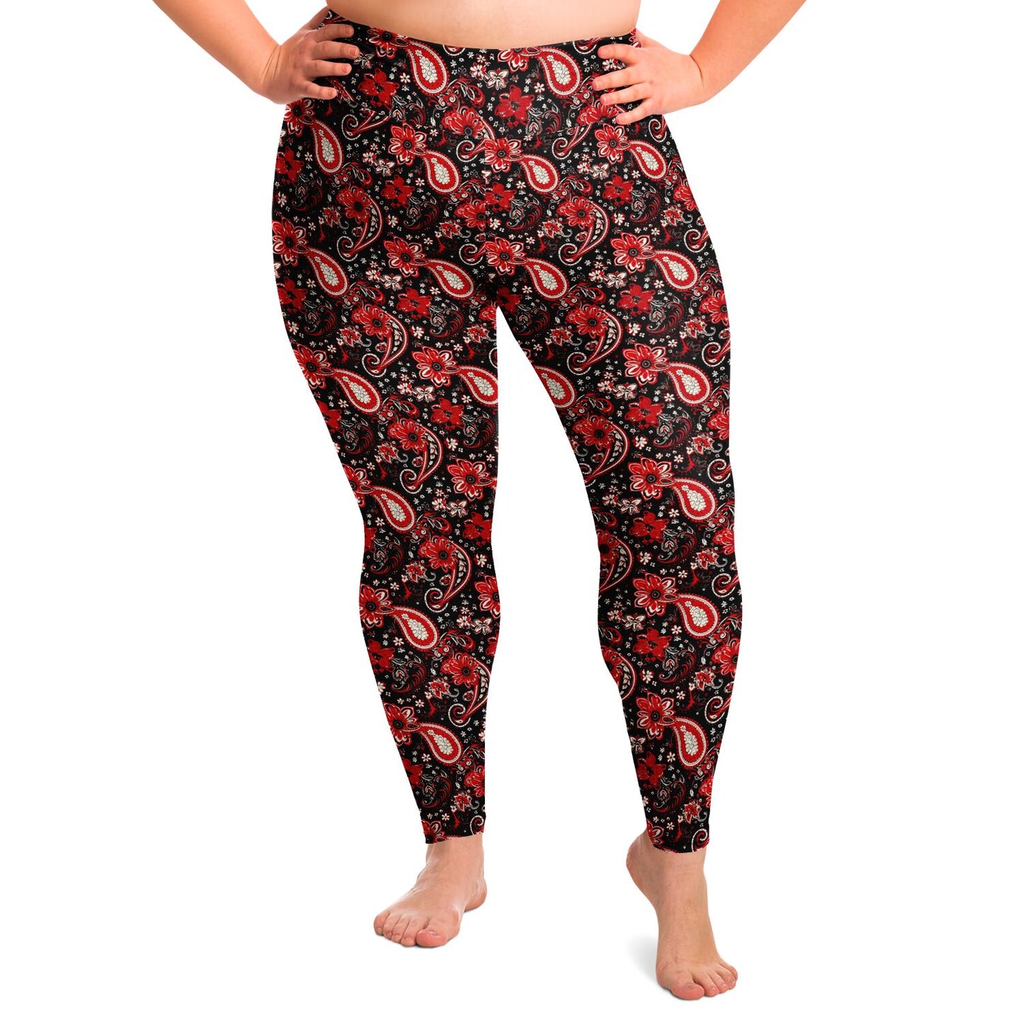 Red & Black Paisley Print Plus Size 2XL - 6XL Leggings, Red Bandana Print Curvy Yoga Pants