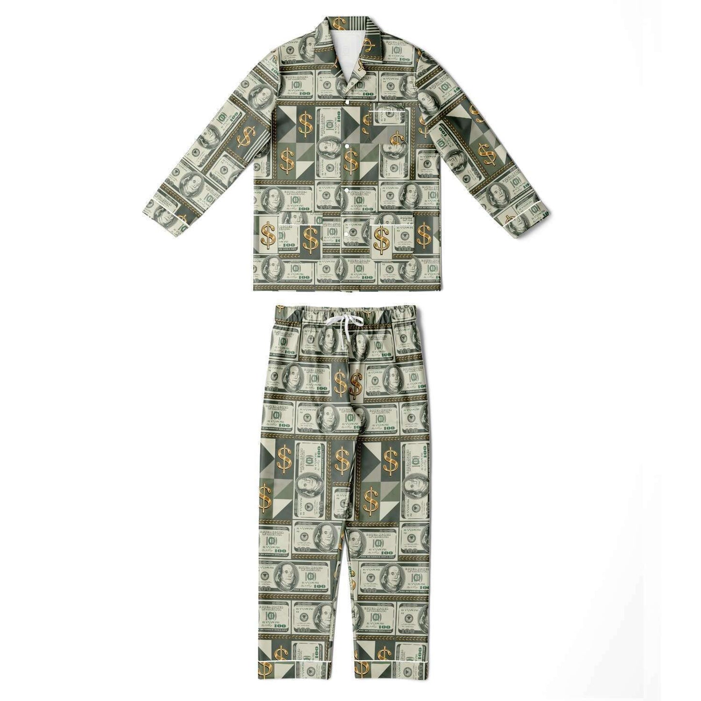 Money Manifestation Satin Luxury Pajamas for Men, Plus Size Money Print Mens Loungewear