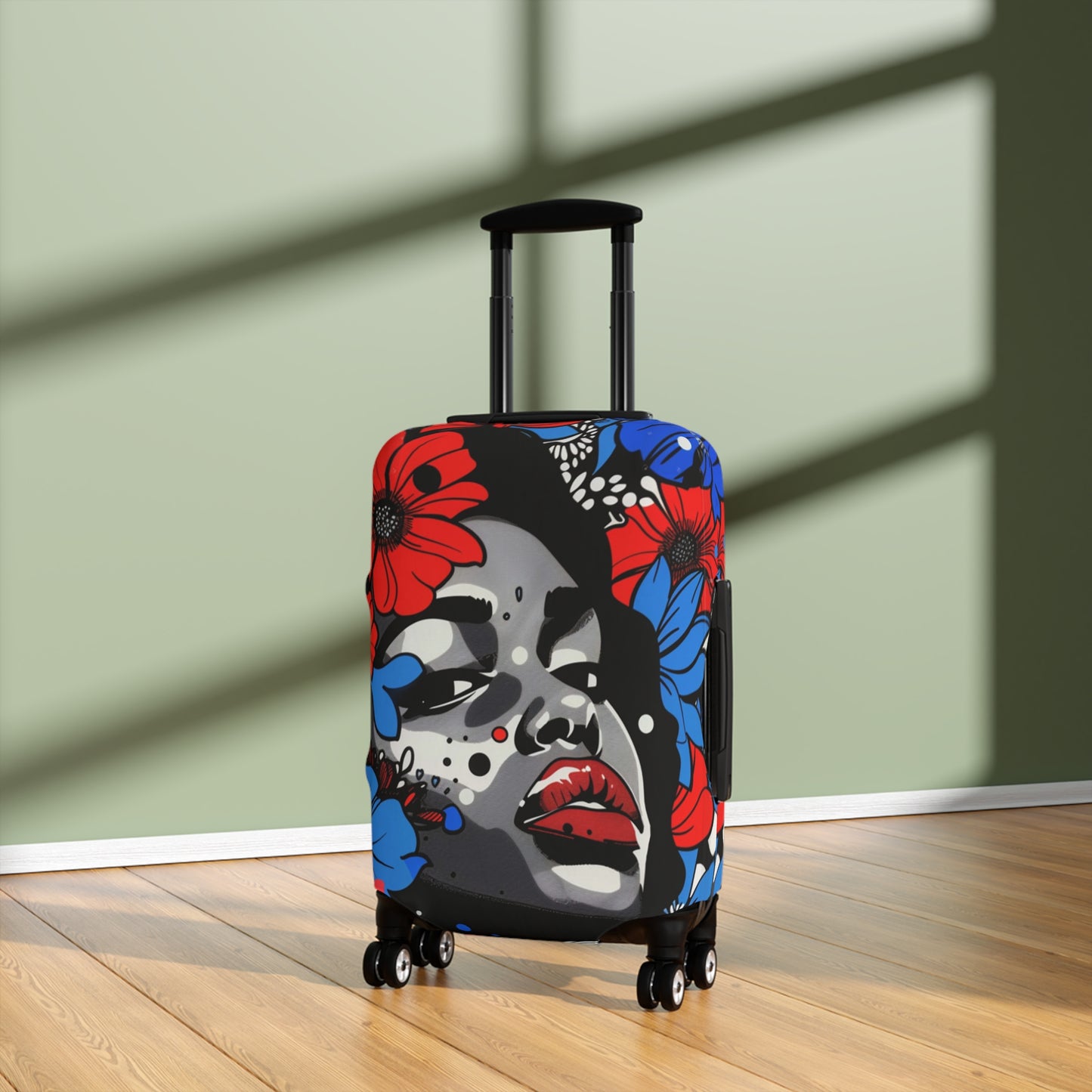 Afrocentric Floral Portrait Luggage Cover, Pop Art Streetwear Black Queen Suitcase Protector