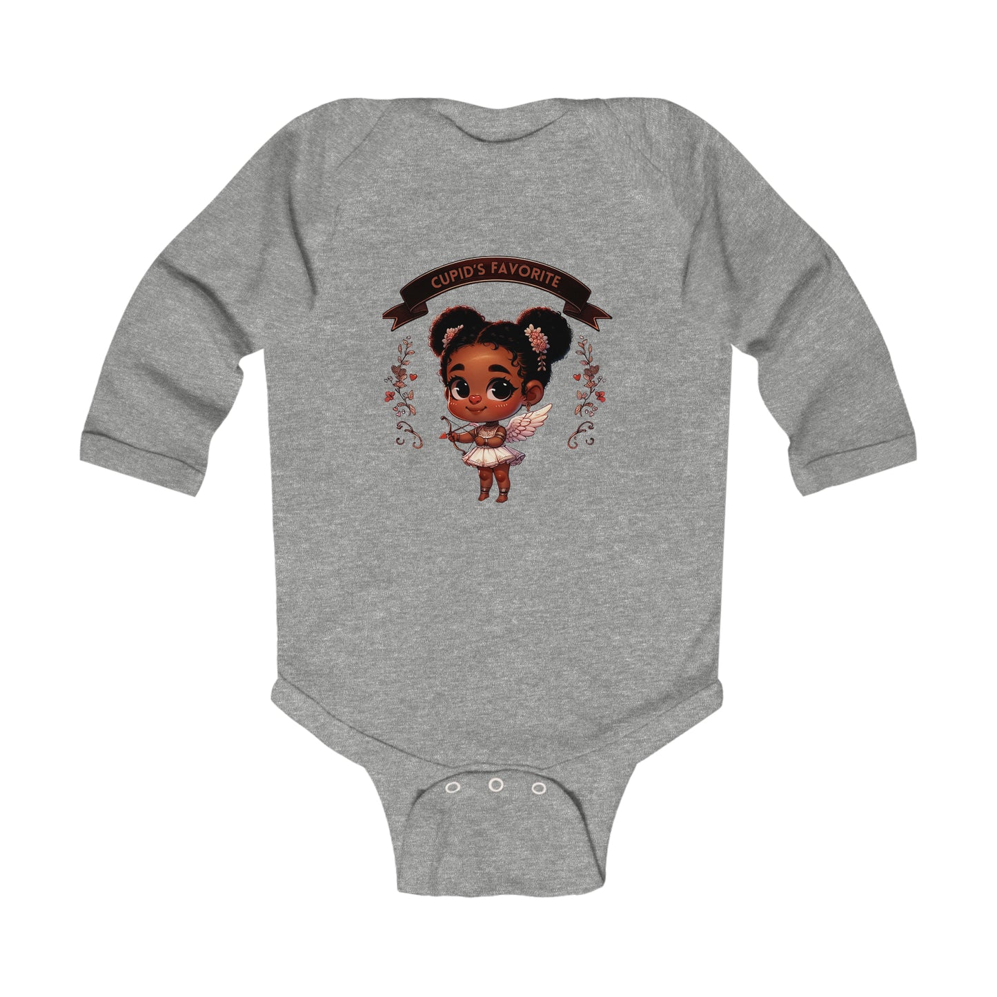 Black Girl Cupid Valentines Day Infant Long Sleeve Bodysuit, Valentines Day Baby Girl Onesie