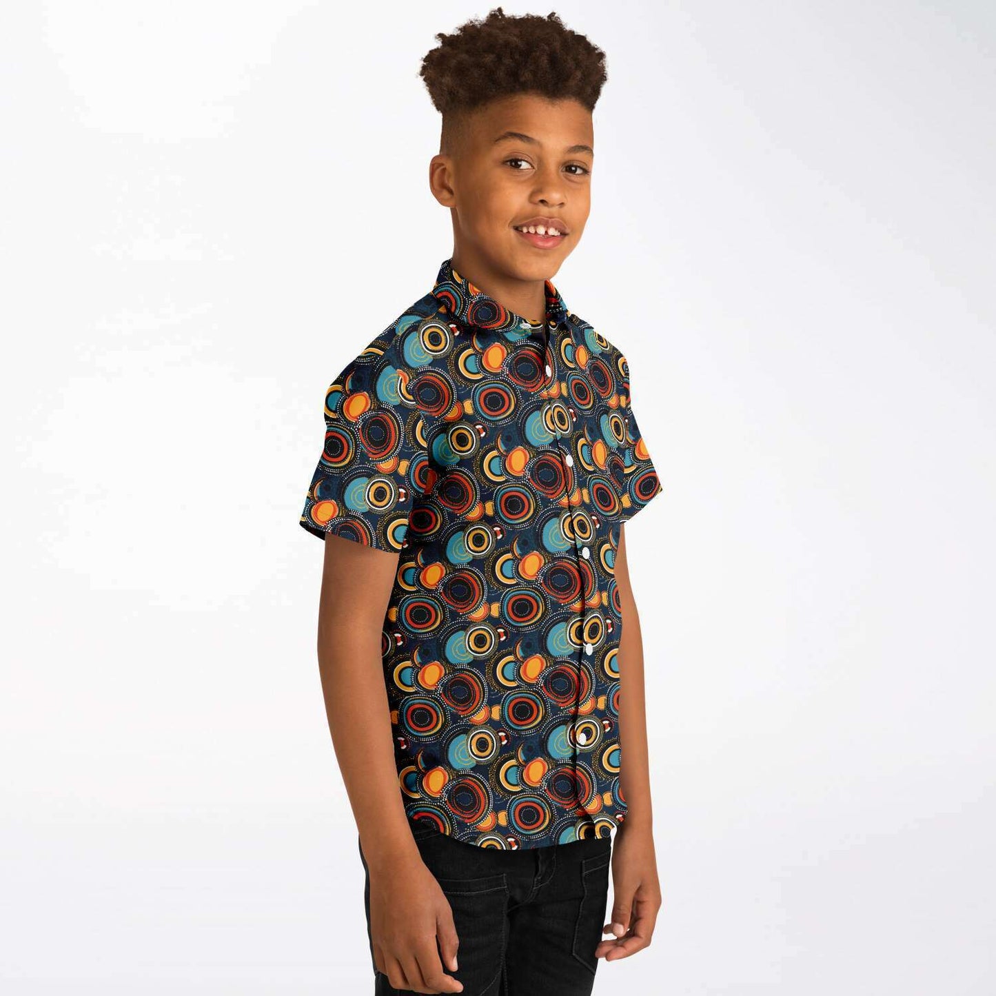 Kids African Print Abstract Aboriginal Circles & Dots Short Sleeve Button Down Shirt