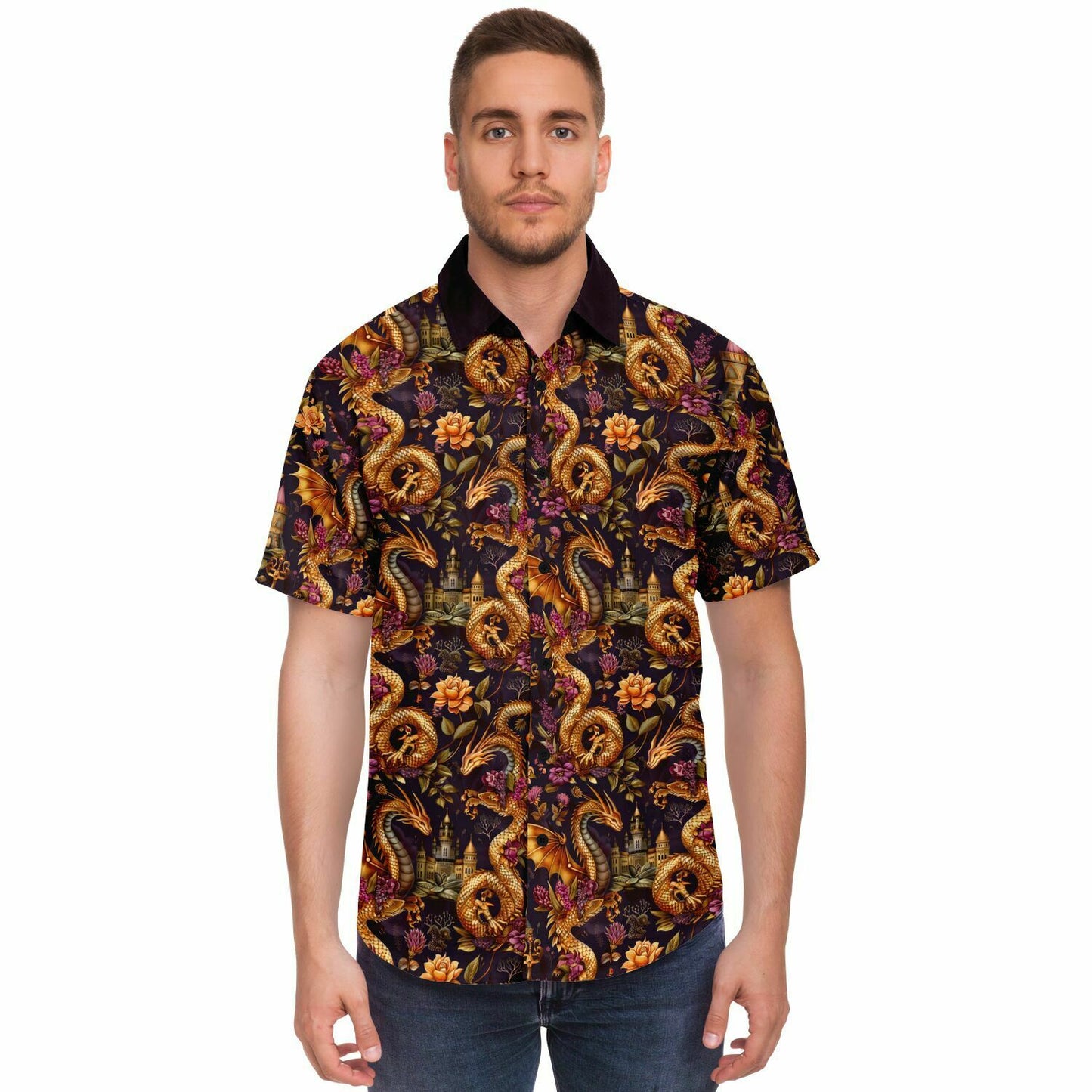 Fantasy-Themed Dragon Print Men's Short Sleeve Button Down Shirt, Gold and Purple Design