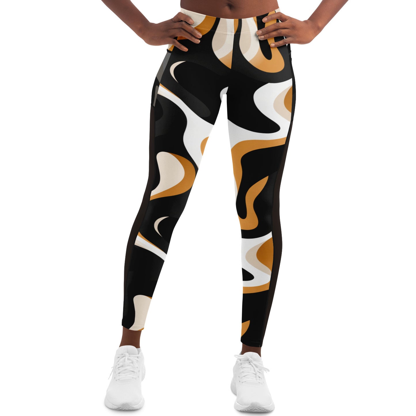 Earth-Tone Womens Yoga Pants, Abstract Black Women's Leggings Bold Lines and Fluid Movements