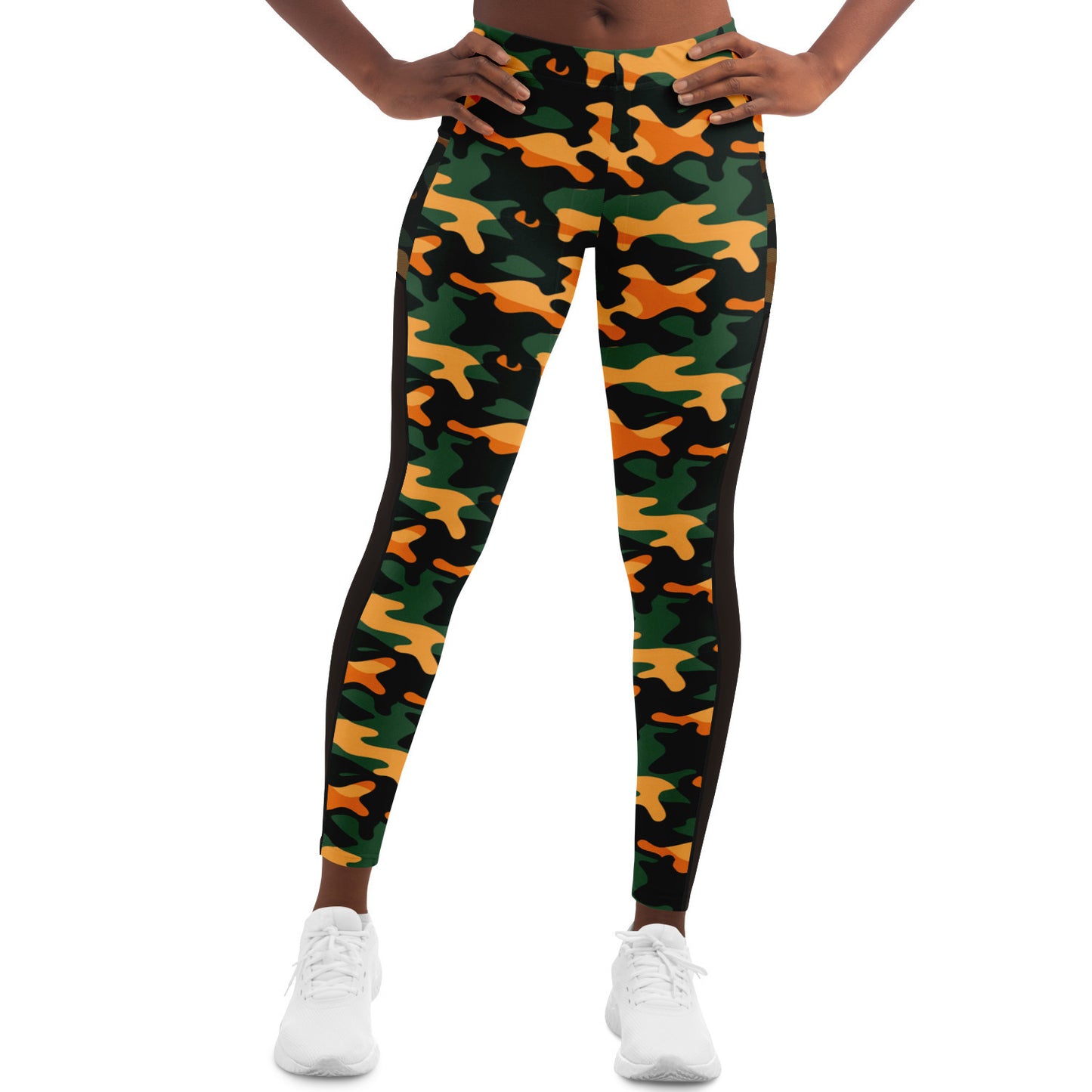 Urban Jungle Camo Women's Mesh Pocket Leggings - Trendy Orange and Green Workout Gear