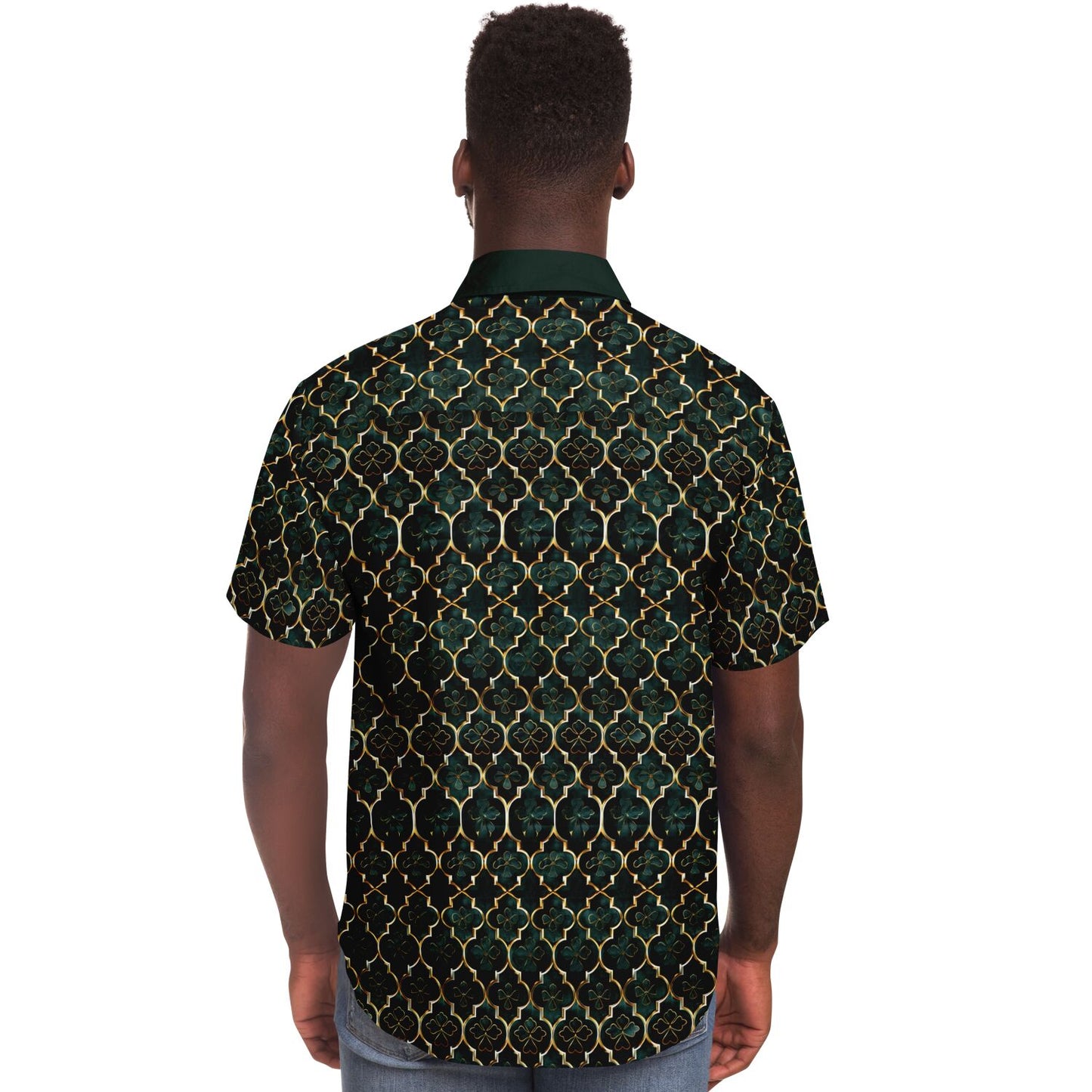 Emerald Elegance: Clover Mosaic Short Sleeve Button Down Shirt, Irish Themed Mens Patterned Dress Shirt