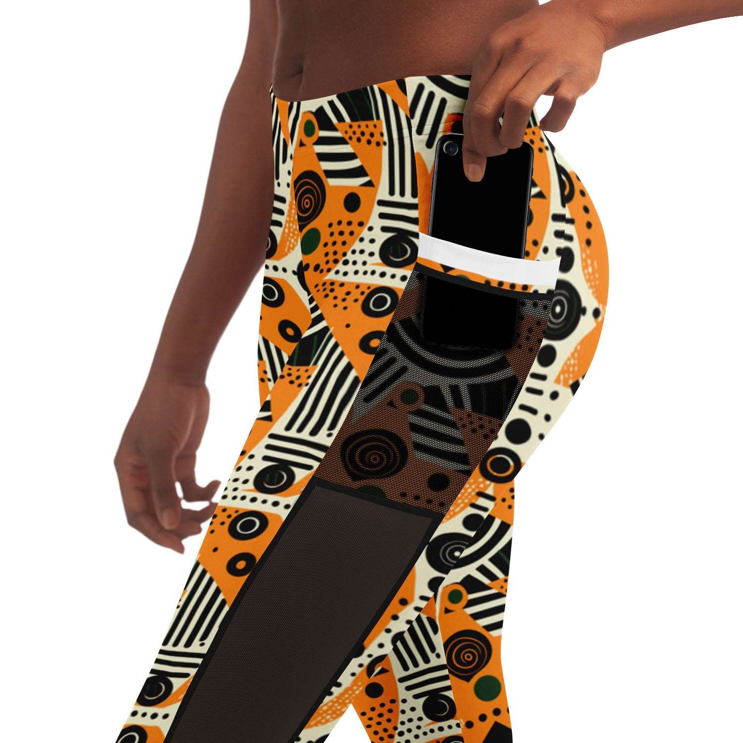 African Print Totem & Circles Mesh Pocket Leggings