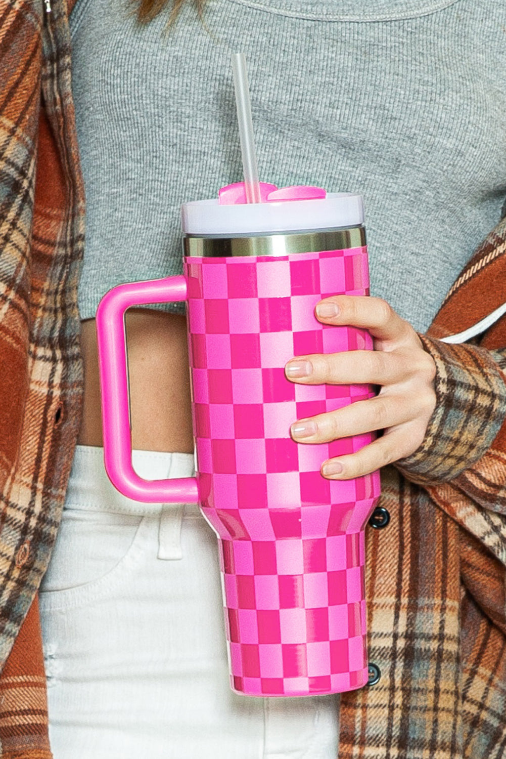 Bright Pink Checkered Print 40oz Stainless Steel Tumbler Cup with Handle - Durable & Temperature Retaining