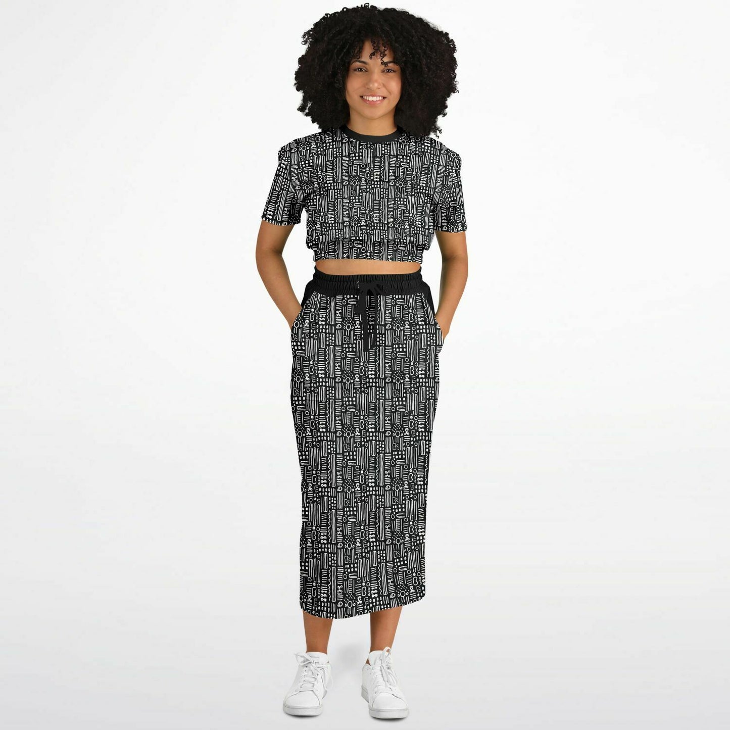 Black & White African Mud Cloth Cropped Sweatshirt & Long Skirt Set, Minimalist Ethnic Print Fashion