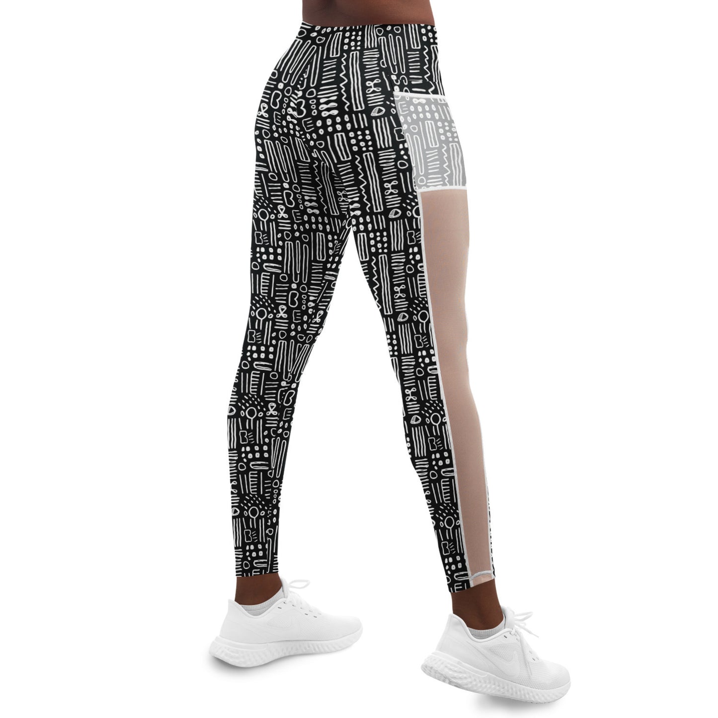 Black & WhiteAfrican MudCloth Print Mesh Women's Leggings, Women's Work Out Wear