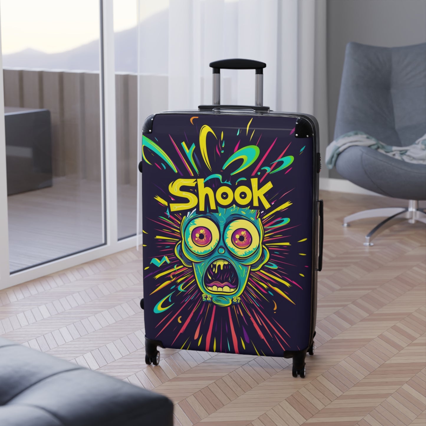 Urban Neon Pop Art "Shook" Rolling Luggage, Cartoon Streetwear Style Design, Personalized Travel Gear For Kids, Bold Fun Wild Art Suitcase