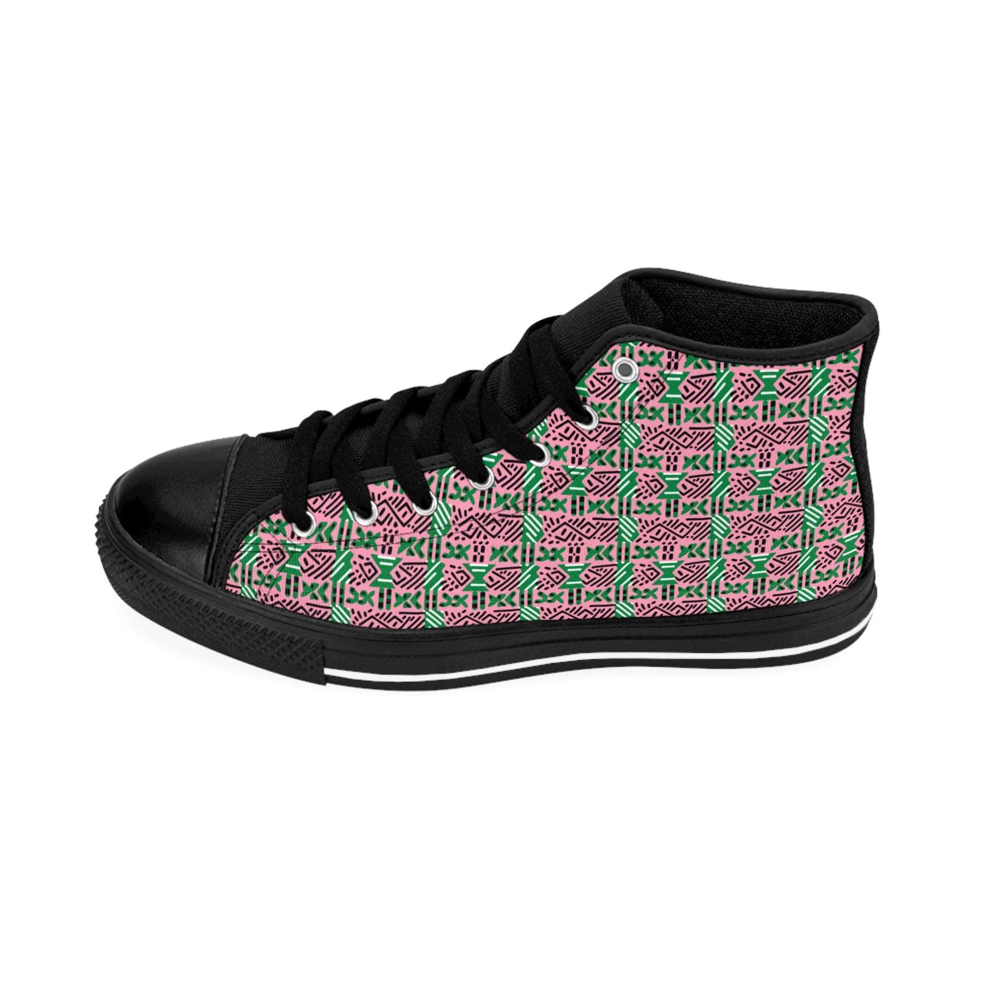 AKA Sorority Colors African Print Women's Hi-Top Shoes, Pink & Green Mud Cloth Print Sneakers