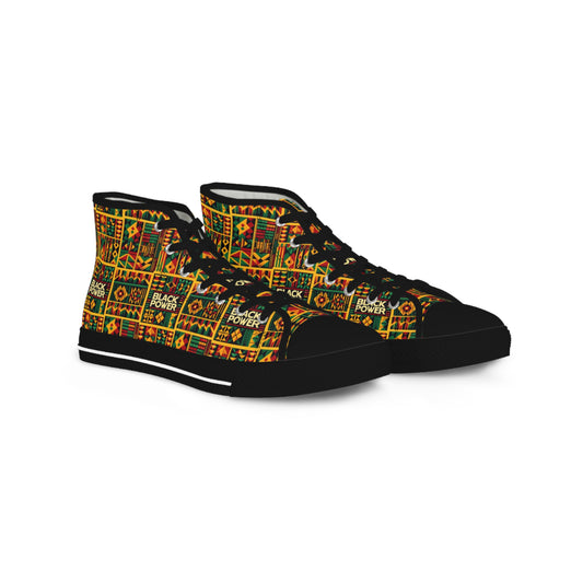 Mens Kente Cloth Print Black Power Hi-Top Shoes, Pro Black Tribal Print Mens Tennis Shoes