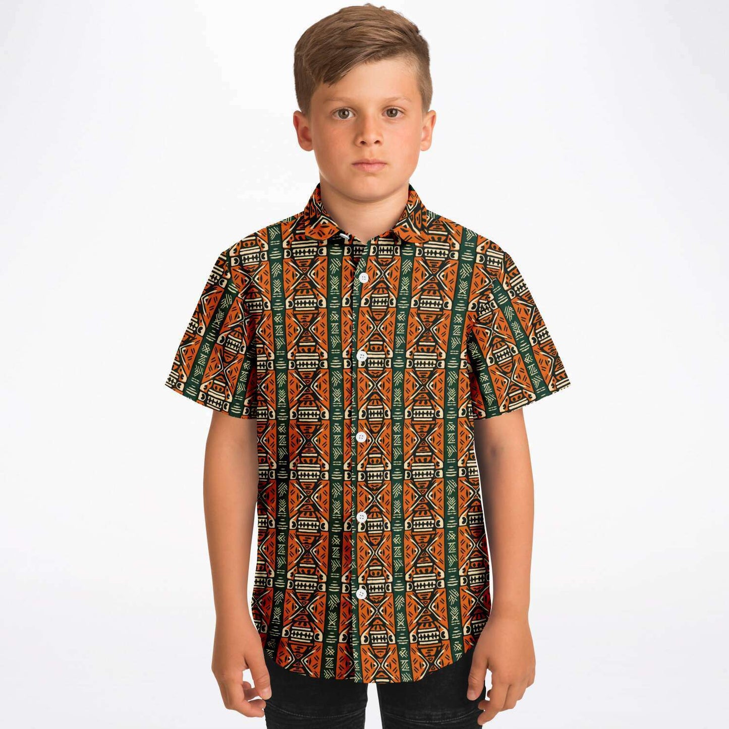 Green & Orange Traditional African Mud Cloth Boys Button Down Shirt