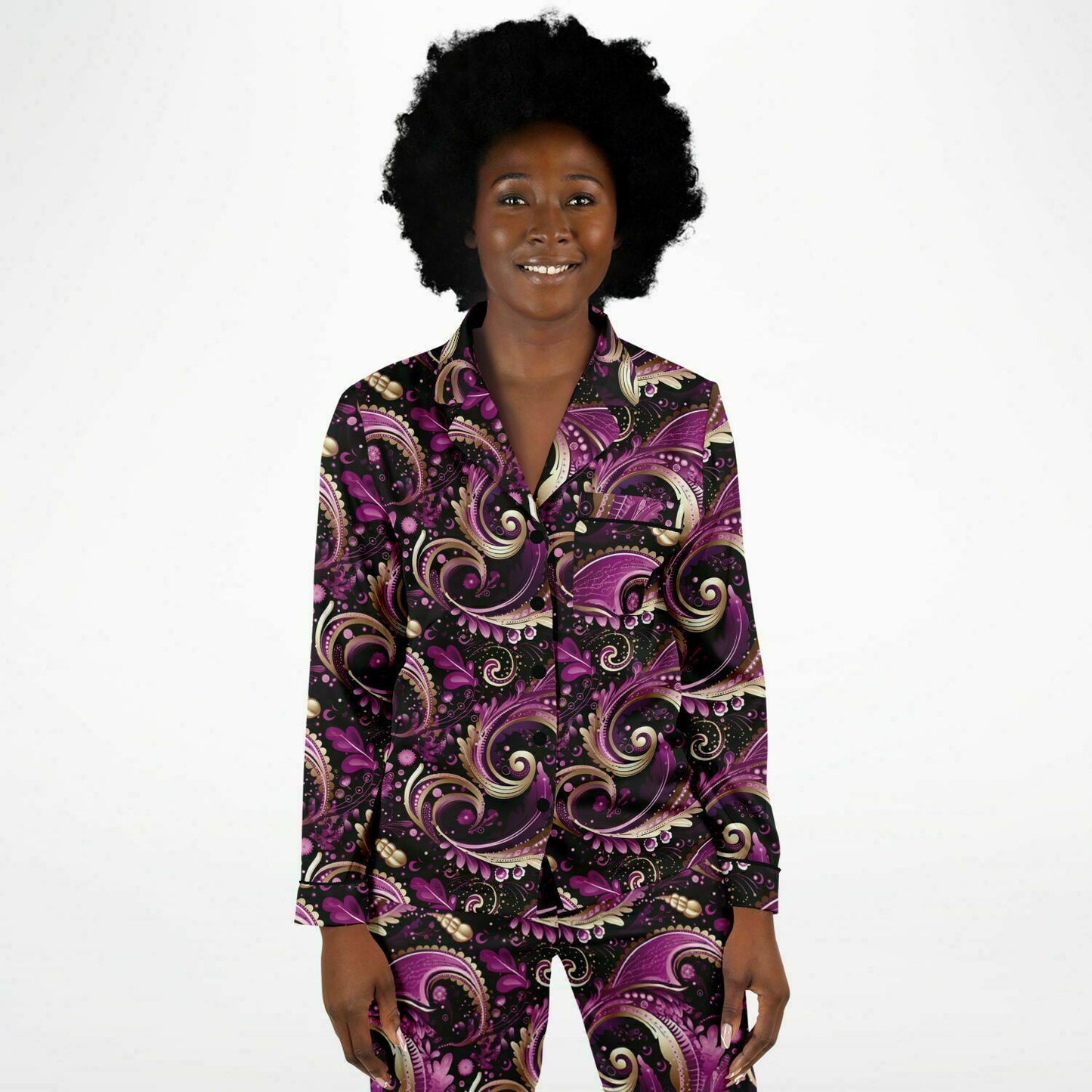 Purple Pink & Gold Paisley Print Women's Satin Pajamas, Boho Chic Purple Women's Pajama Set