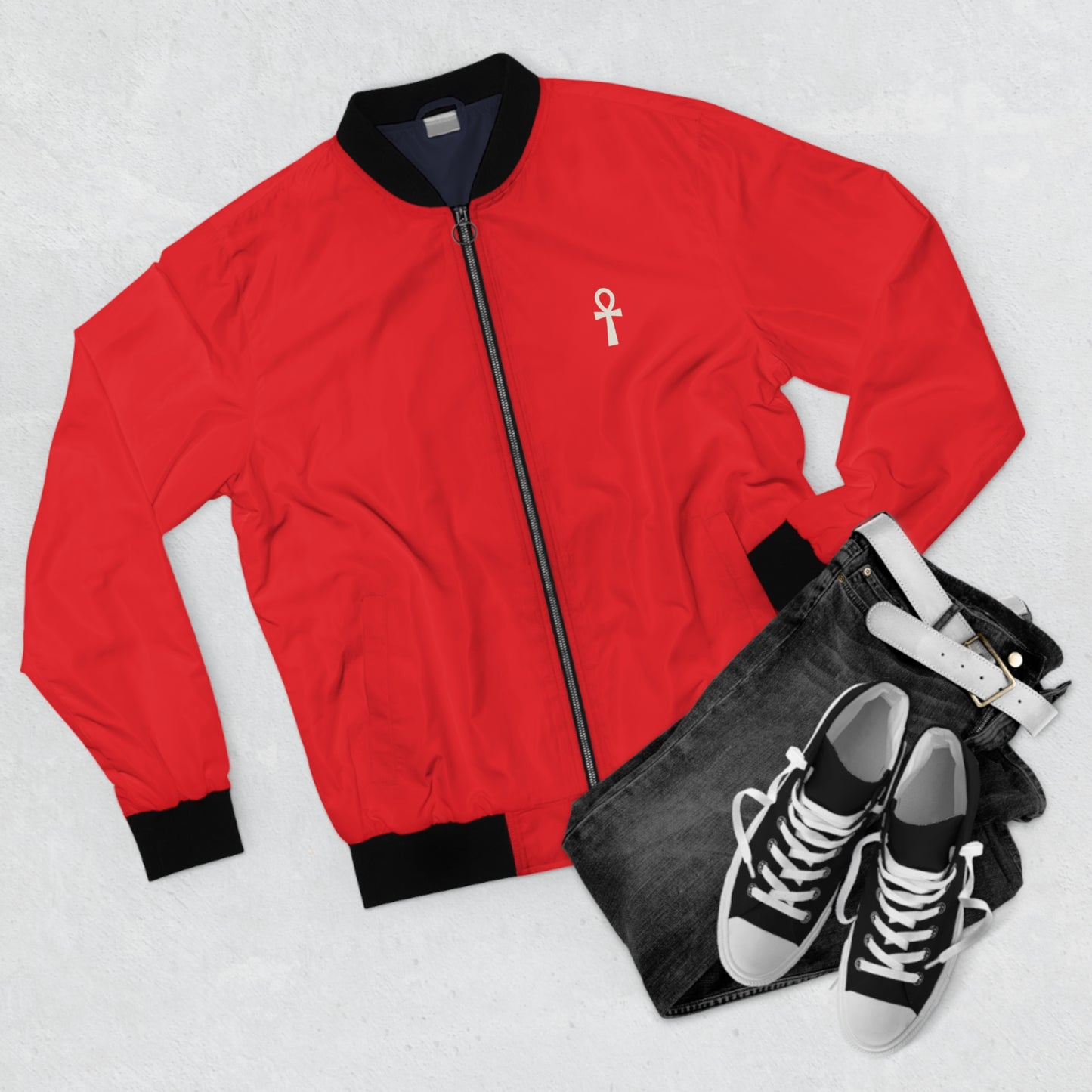 Red Black First (B1) Men's Lightweight Bomber Jacket With Ankh Symbol