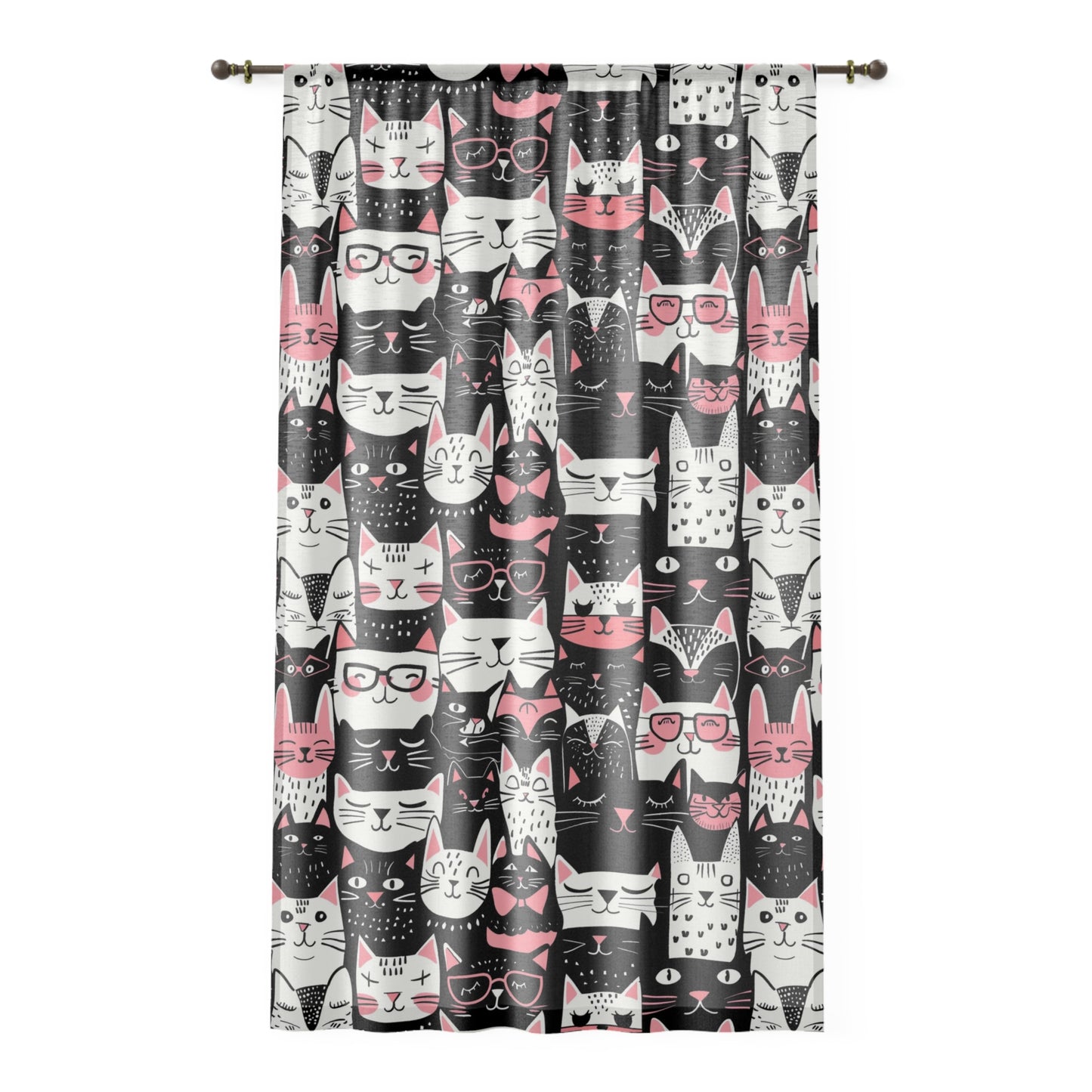 Whimsical Cat Faces Window Curtain - Black, White, Pink - Playful Home Decor