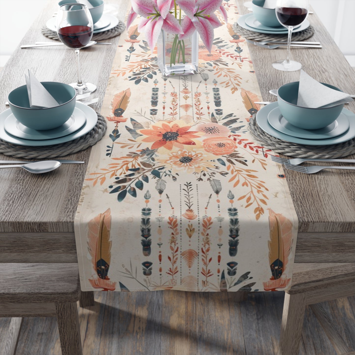 Boho Chic Table Runner – Earthy Floral and Feather Design in Cotton Twill or Polyester