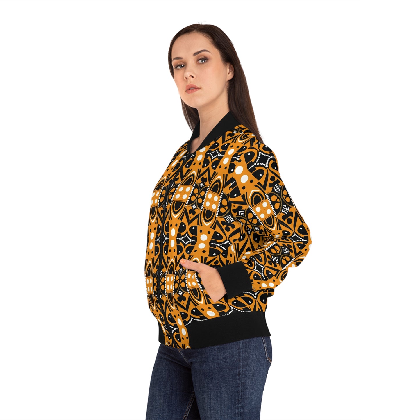 Black Orange White African Print Women's Bomber Jacket, Women's African Vibe All Over Print Fall Winter Fashion