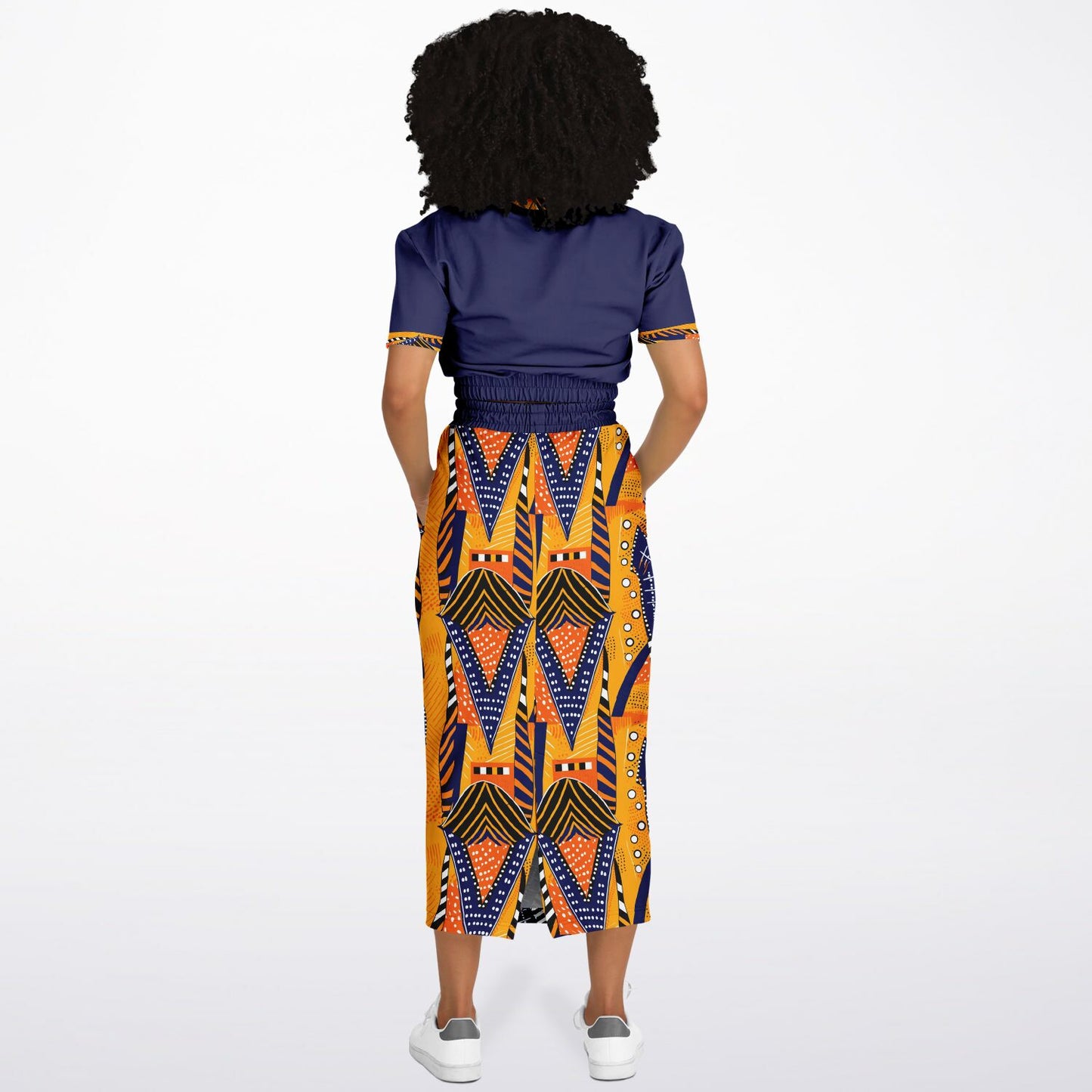 African Print & Midnight Blue Color Block Women's Cropped Sweatshirt and Skirt Set, African Print Fashion For Women