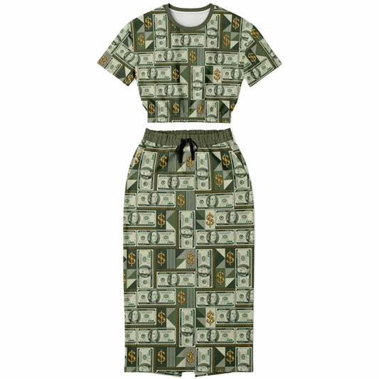 Money Print Women's Cropped Sweatshirt & Long Skirt Set, American Currency Fashion