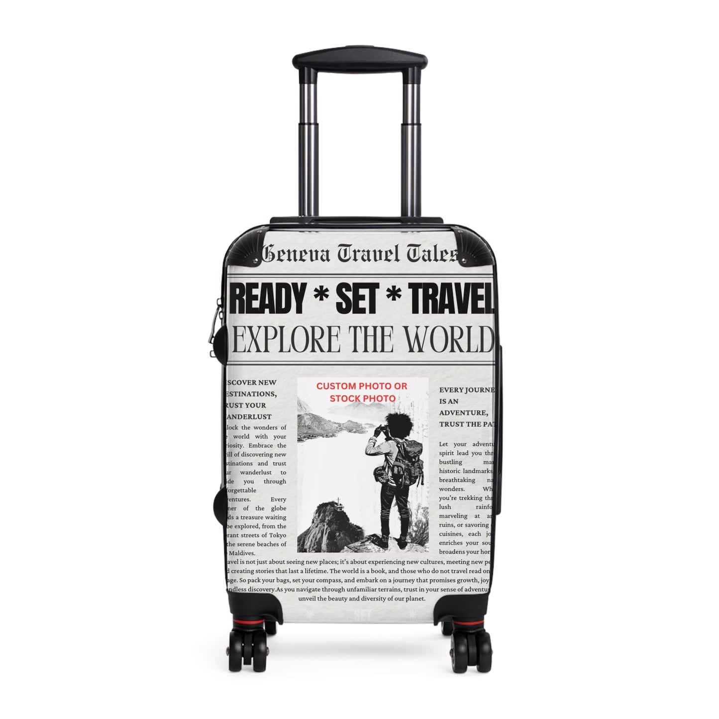 Custom Newspaper Style Suitcase, Black & White Travel Luggage, Unique Gift for Travel Enthusiasts, Personalized Travel Gear