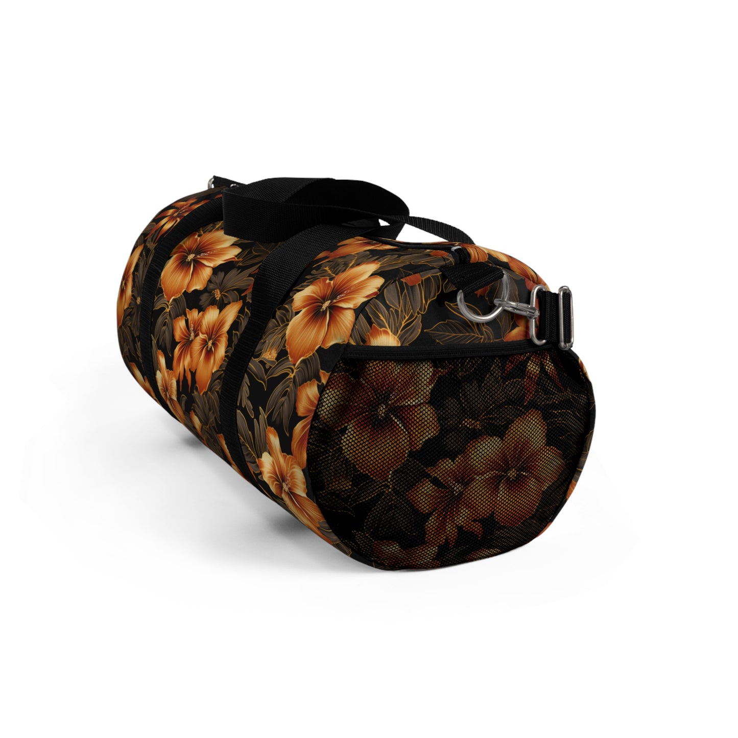 Golden Floral Hawaiian Print Duffle Bag, Black & Yellow Hawaiian Gym Bag