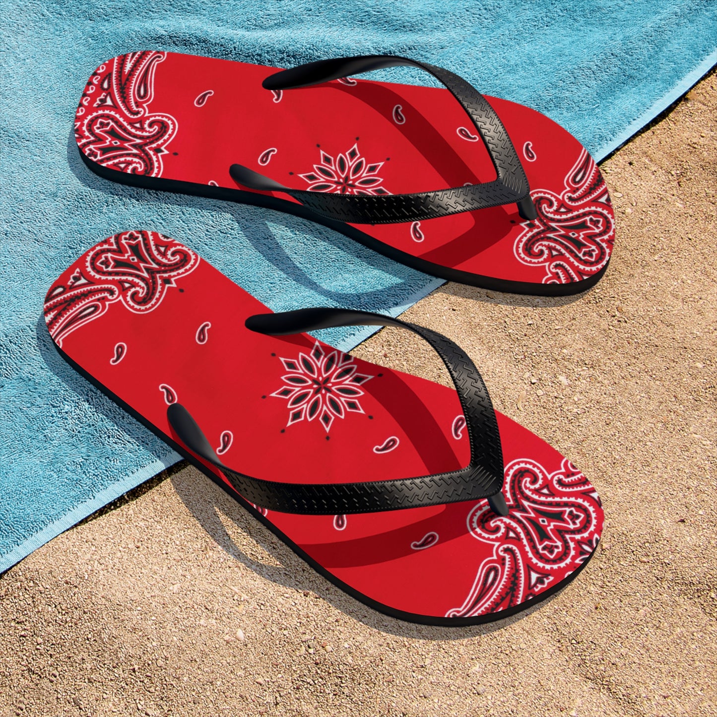 Vibrant Red Bandana Women Flip Flops, Paisley Print Sandals