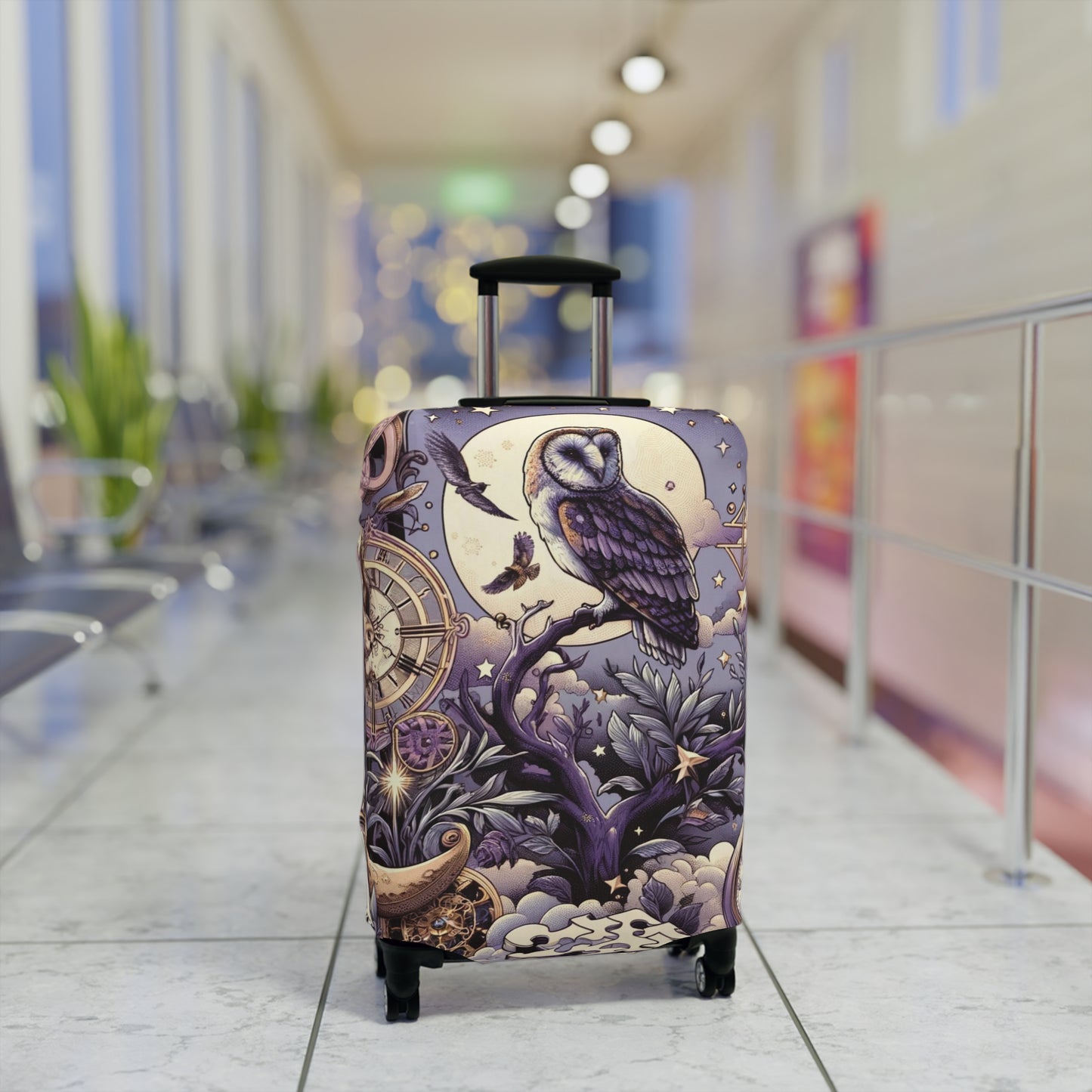 Enchanted Owl and Celestial Bodies Suitcase Cover, Magical Themed Luggage Protector