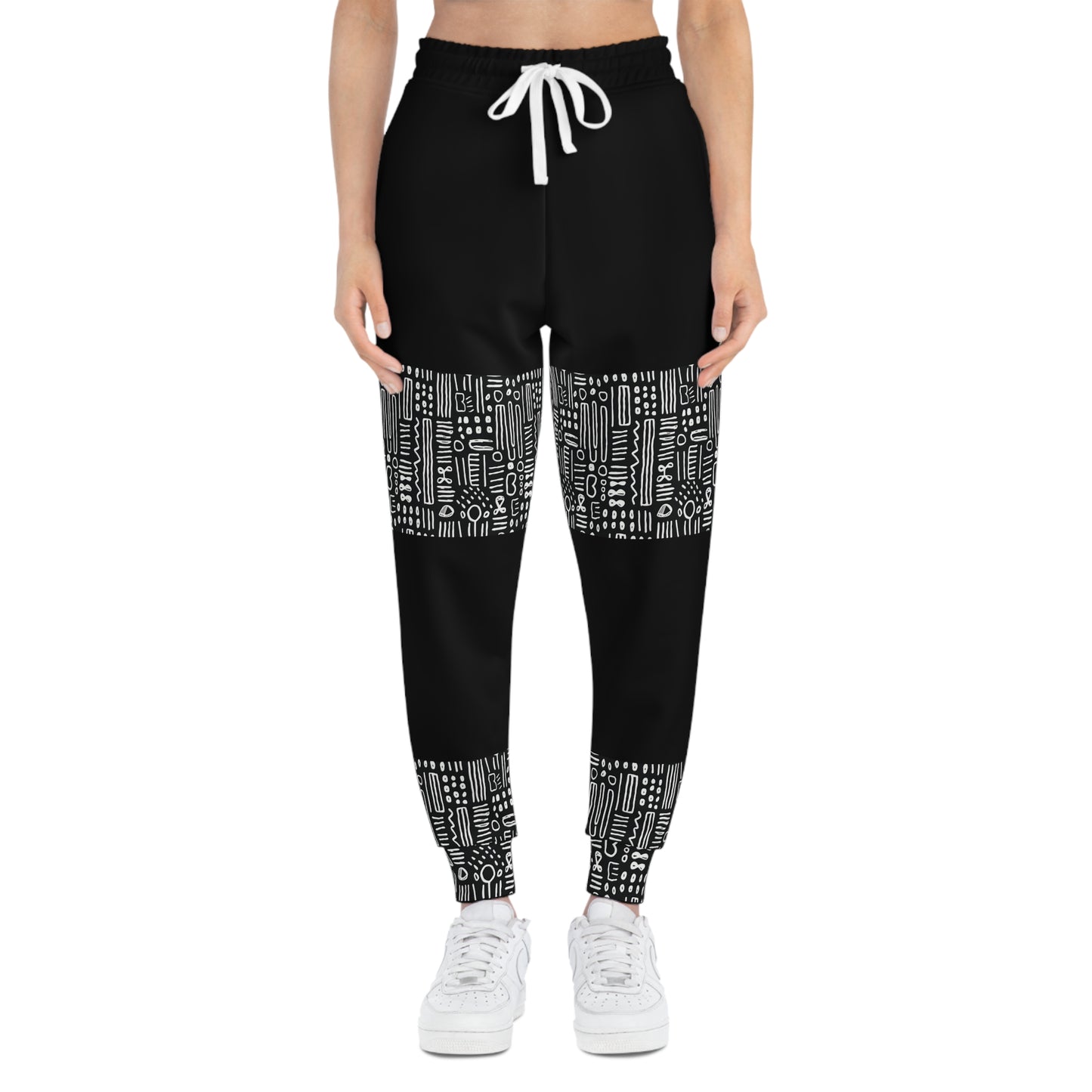 Mud Cloth Print Unisex Joggers, Black & White Color Block African Print Bottoms