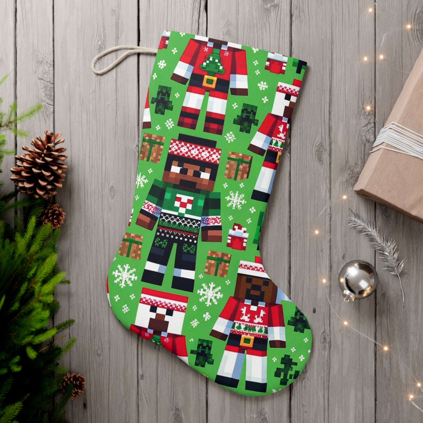 Pixelated Gaming Holiday Christmas Stocking | Kids' Virtual World Stocking | Video Game Block Pattern Decor| Holiday Stocking For Gamers