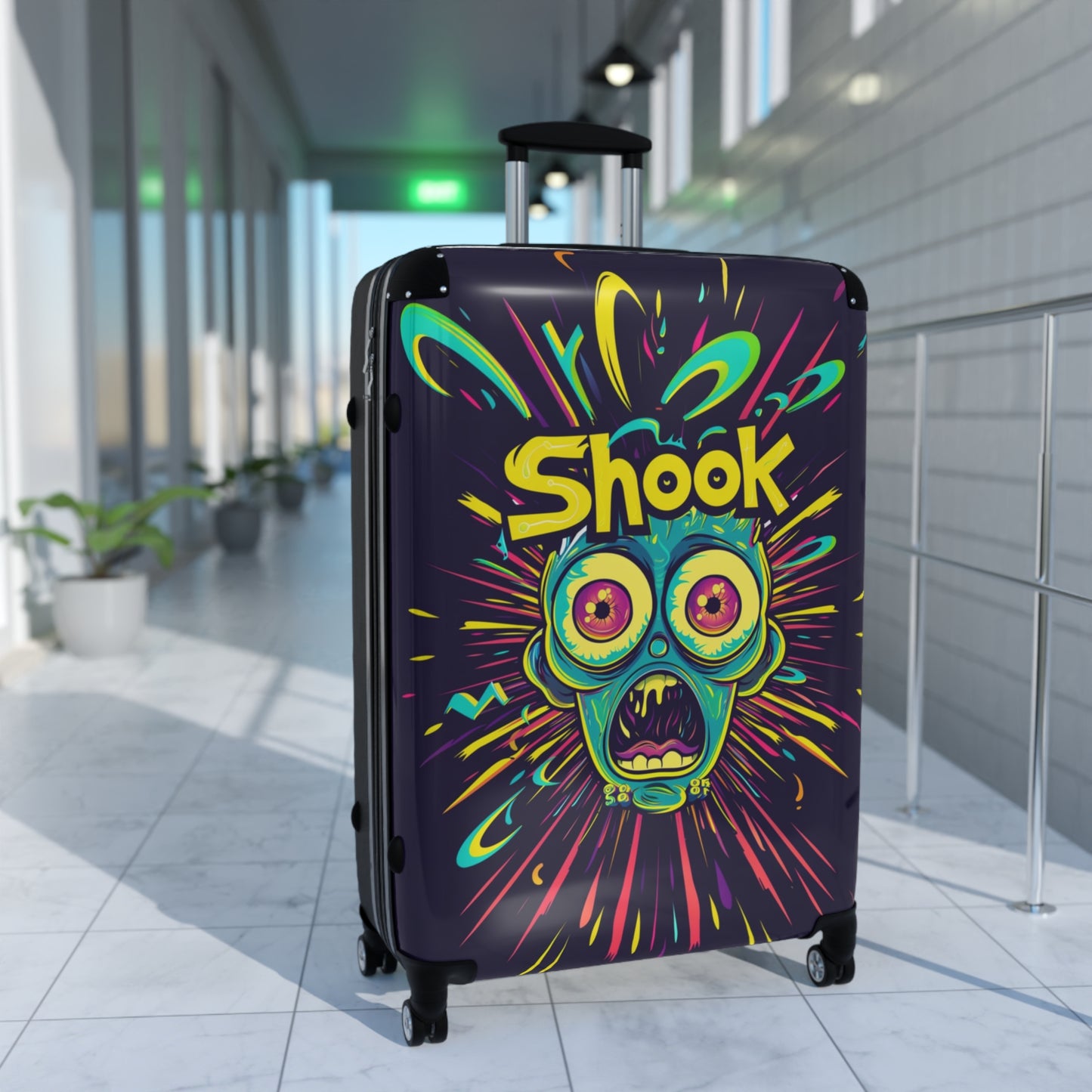 Urban Neon Pop Art "Shook" Rolling Luggage, Cartoon Streetwear Style Design, Personalized Travel Gear For Kids, Bold Fun Wild Art Suitcase