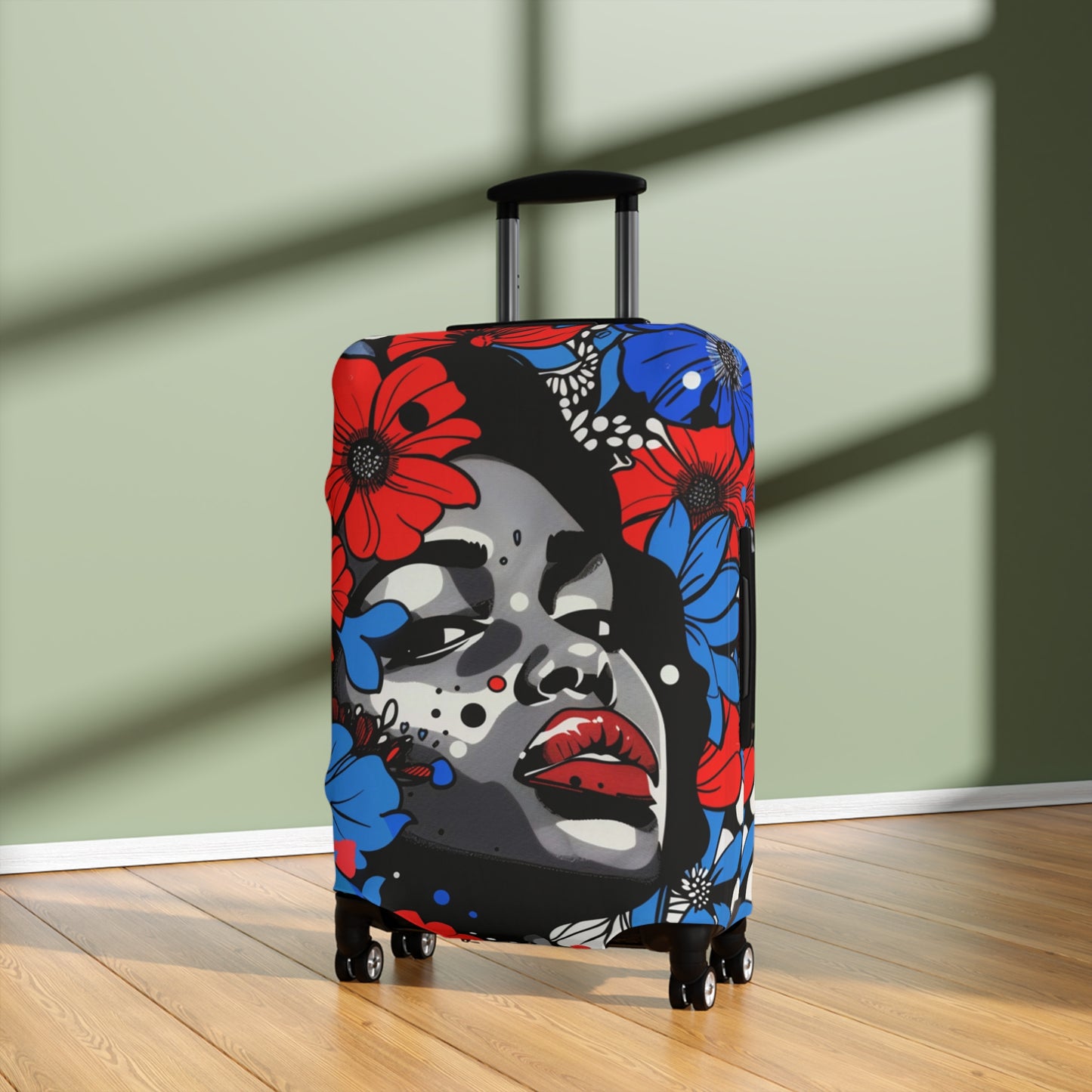 Afrocentric Floral Portrait Luggage Cover, Pop Art Streetwear Black Queen Suitcase Protector