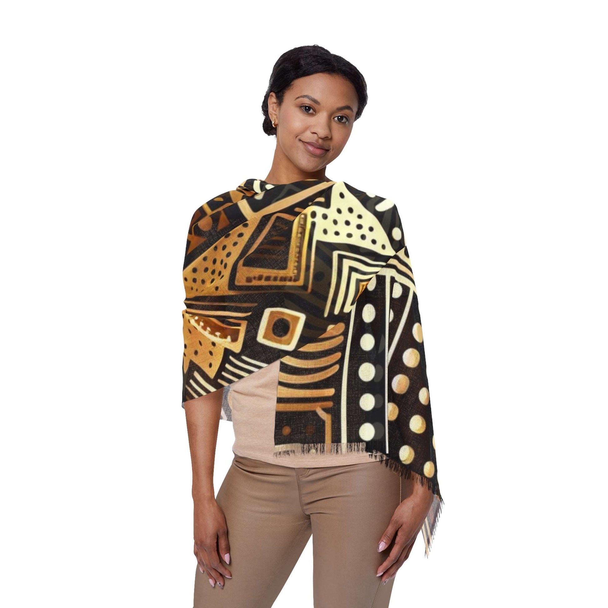 African MudCloth Print LightWeight Scarf,  Black & Gold African Wax Print Women's Fashion