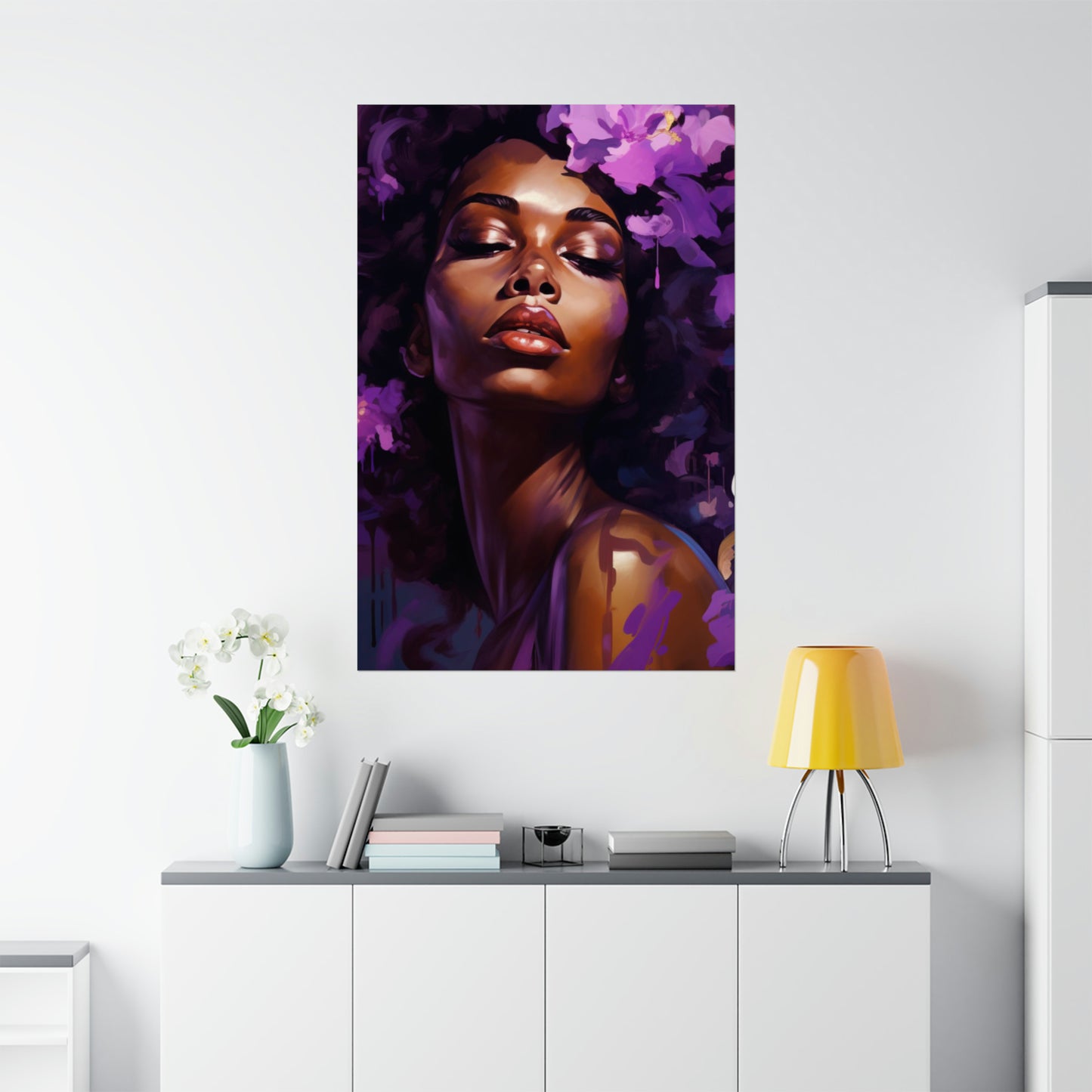 African Woman Matte Vertical Poster Print, Art Nouveau Purple Art Decor,  Black Woman Art Matte Vertical Posters