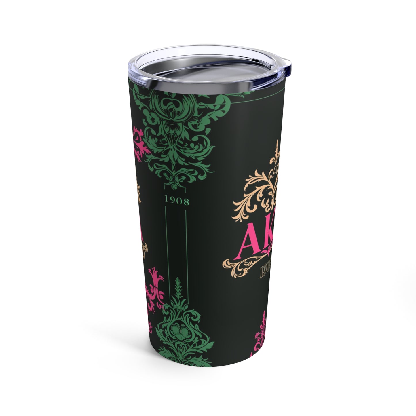 AKA Sorority Pink & Green 20oz Tumbler, Vacuum Insulated Greek Life Reusable Cup, Glossy Sorority Pattern Stainless Steel Cup