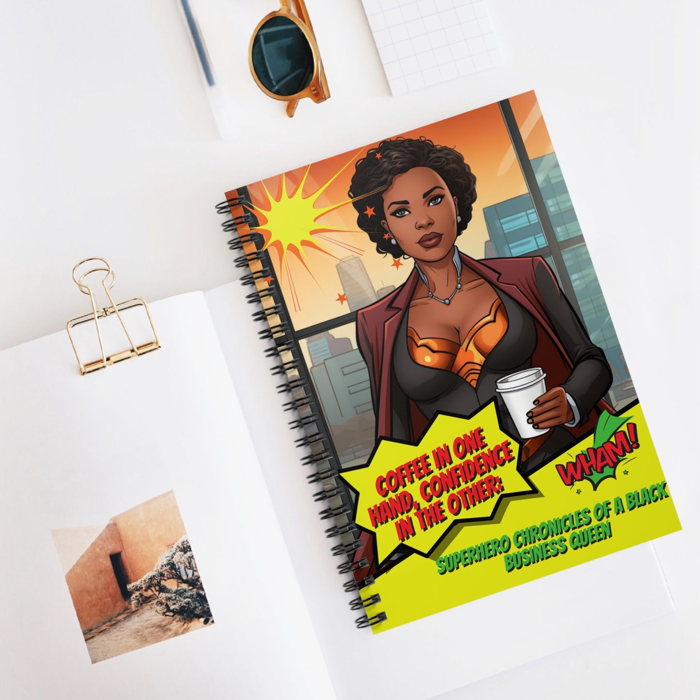 Black Woman Superhero Spiral Notebook, Caffine & Confidence Girl Boss Notebook