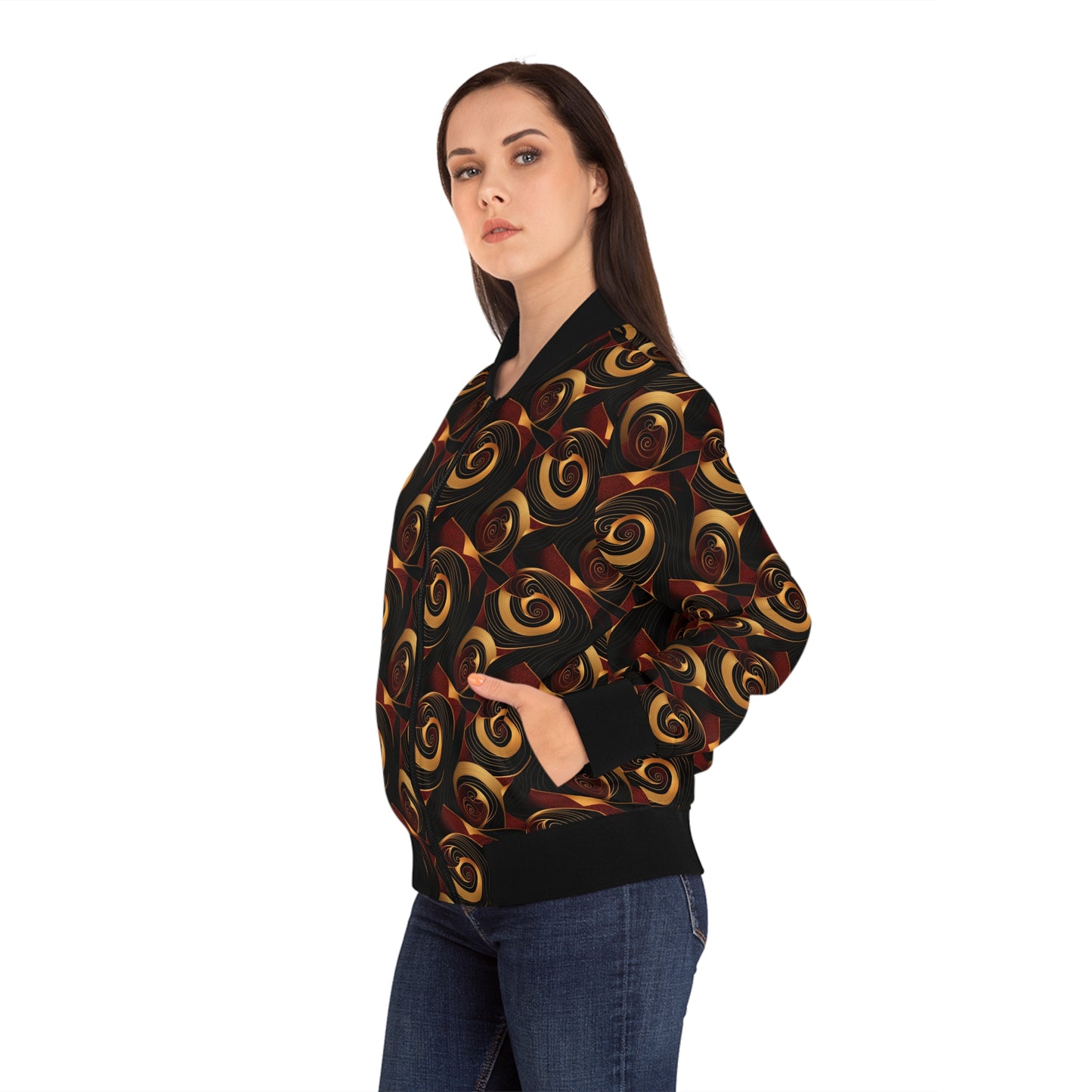 Crimson, Gold & Black Women's African Ankara Print Bomber Jacket