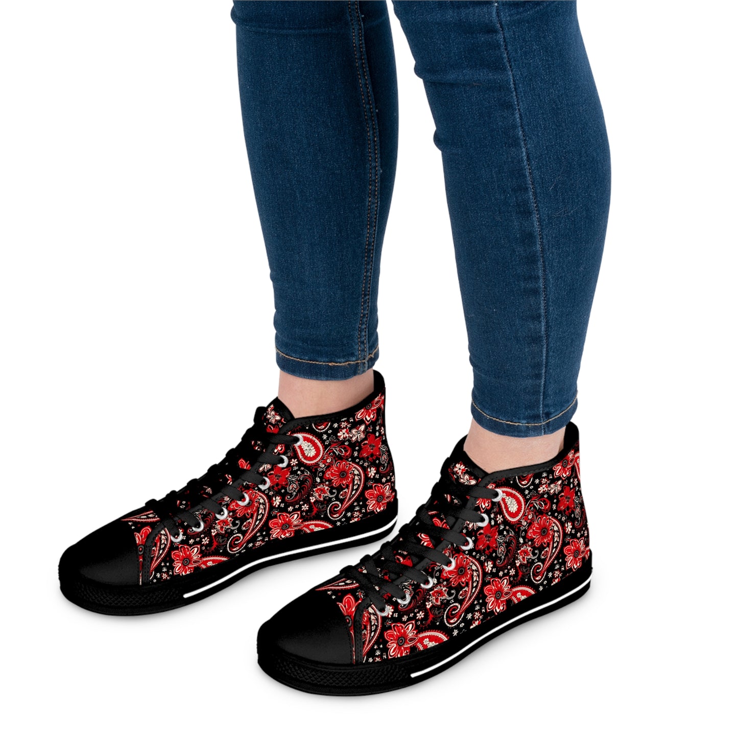 Black & Red Paisley Print Women's High Top Sneakers, Stylish Paisley Pattern Sneakers, Trendy Black and Red Bandana Print Shoes