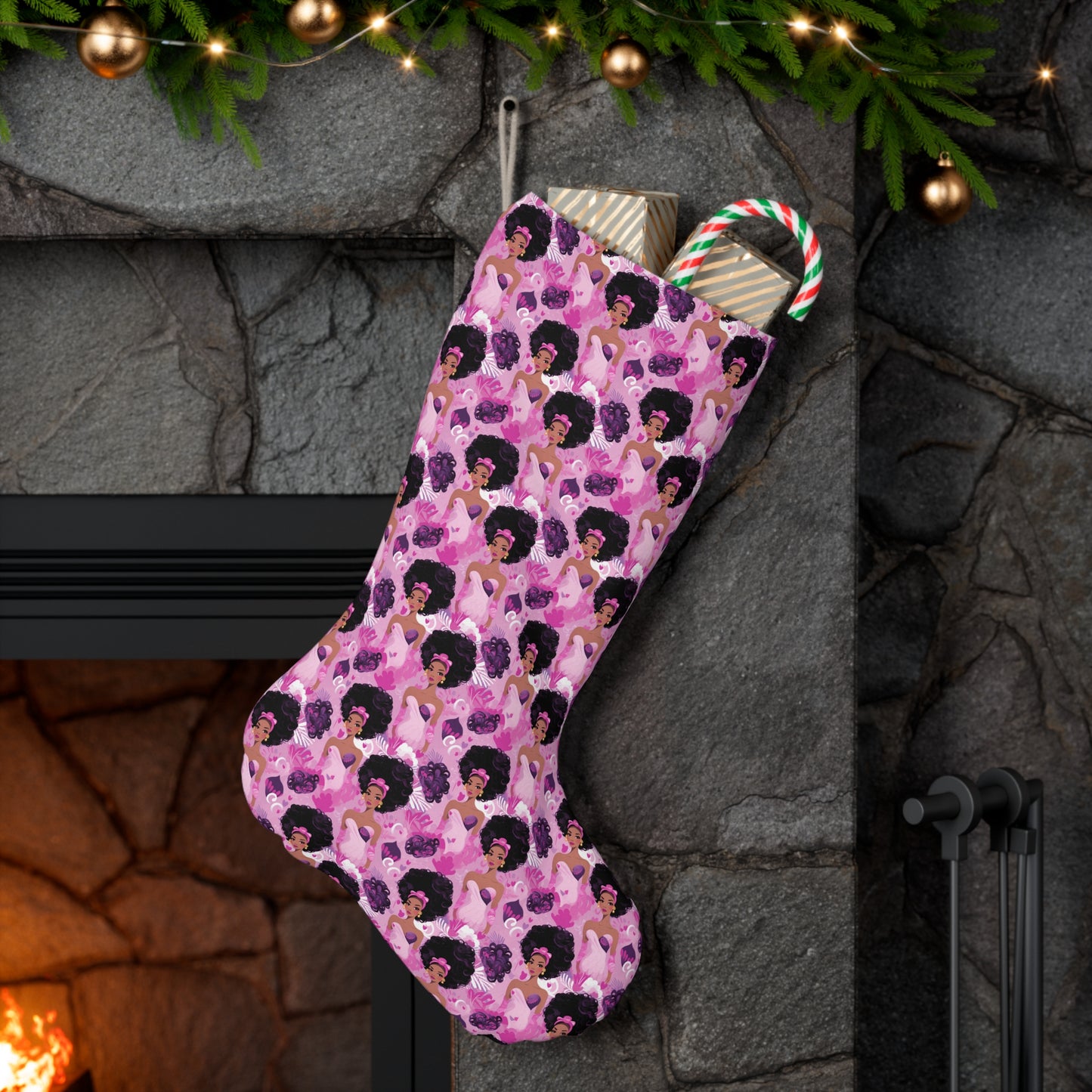 Black Baby Doll Holiday Stocking, African American Barbiw Print Christmas Stocking